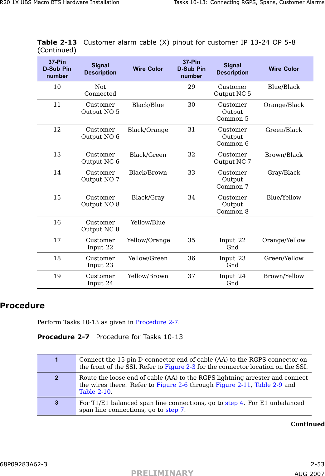 R20 1X UBS Macro B T S Hardw are Installation T asks 10 -13: Connecting RGPS , Spans, Customer AlarmsTable 2 -13 Customer alarm cable (X) pinout for customer IP 13 -24 OP 5 -8(Continued)37-PinD-Sub PinnumberSignalDescriptionW ire Color37-PinD-Sub PinnumberSignalDescriptionW ire Color10NotConnected29 CustomerOutput NC 5Blue/Black11 CustomerOutput NO 5Black/Blue30 CustomerOutputCommon 5Orange/Black12 CustomerOutput NO 6Black/Orange31 CustomerOutputCommon 6Green/Black13 CustomerOutput NC 6Black/Green32 CustomerOutput NC 7Brown/Black14 CustomerOutput NO 7Black/Brown33 CustomerOutputCommon 7Gray/Black15 CustomerOutput NO 8Black/Gray34 CustomerOutputCommon 8Blue/Y ellow16 CustomerOutput NC 8Y ellow/Blue17 CustomerInput 22Y ellow/Orange35 Input 22GndOrange/Y ellow18 CustomerInput 23Y ellow/Green36 Input 23GndGreen/Y ellow19 CustomerInput 24Y ellow/Brown37 Input 24GndBrown/Y ellowProcedureP erform T asks 10 -13 as given in Procedure 2 -7 .Procedure 2 -7 Procedure for T asks 10 -131Connect the 15-pin D -connector end of cable (AA) to the RGPS connector onthe front of the S SI. Refer to Figure 2-3 for the connector location on the S SI.2Route the loose end of cable (AA) to the RGPS lightning arrester and connectthe wires there. Refer to Figure 2-6 through Figure 2-11 ,T able 2-9 andT able 2-10 .3F or T1/E1 balanced span line connections, go to step 4 . F or E1 unbalancedspan line connections, go to step 7 .Continued68P09283A62 -3 2 -53PRELIMINARY A UG 2007