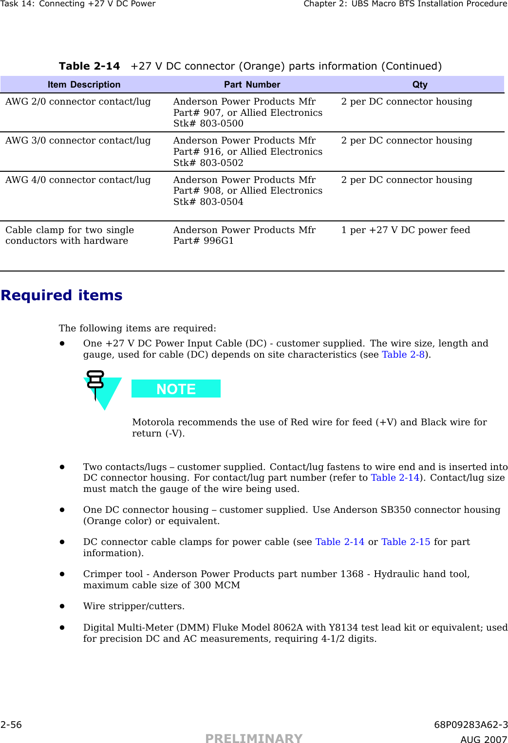 T ask 14: Connecting +27 V DC P ower Chapter 2: UBS Macro B T S Installation ProcedureTable 2 -14 +27 V DC connector (Or ange) parts information (Continued)Item Description Part NumberQtyA WG 2/0 connector contact/lug Anderson P ower Products MfrP art# 907, or Allied ElectronicsStk# 803-05002 per DC connector housingA WG 3/0 connector contact/lug Anderson P ower Products MfrP art# 916, or Allied ElectronicsStk# 803-05022 per DC connector housingA WG 4/0 connector contact/lug Anderson P ower Products MfrP art# 908, or Allied ElectronicsStk# 803-05042 per DC connector housingCable clamp for two singleconductors with hardwareAnderson P ower Products MfrP art# 996G11 per +27 V DC power feedRequired itemsThe following items are required:•One +27 V DC P ower Input Cable (DC) - customer supplied. The wire size, length andgauge, used for cable (DC) depends on site characteristics (see T able 2 -8 ).Motorola recommends the use of Red wire for feed (+V) and Black wire forreturn ( -V).•T wo contacts/lugs – customer supplied. Contact/lug fastens to wire end and is inserted intoDC connector housing. F or contact/lug part number (refer to T able 2 -14 ). Contact/lug sizemust match the gauge of the wire being used.•One DC connector housing – customer supplied. Use Anderson SB350 connector housing(Orange color) or equivalent.•DC connector cable clamps for power cable (see T able 2 -14 or T able 2 -15 for partinformation).•Crimper tool - Anderson P ower Products part number 1368 - Hydraulic hand tool,maximum cable size of 300 MCM•W ire stripper/cutters.•Digital Multi -Meter (DMM) Fluke Model 8062A with Y8134 test lead kit or equivalent; usedfor precision DC and AC measurements, requiring 4 -1/2 digits.2 -56 68P09283A62 -3PRELIMINARY A UG 2007