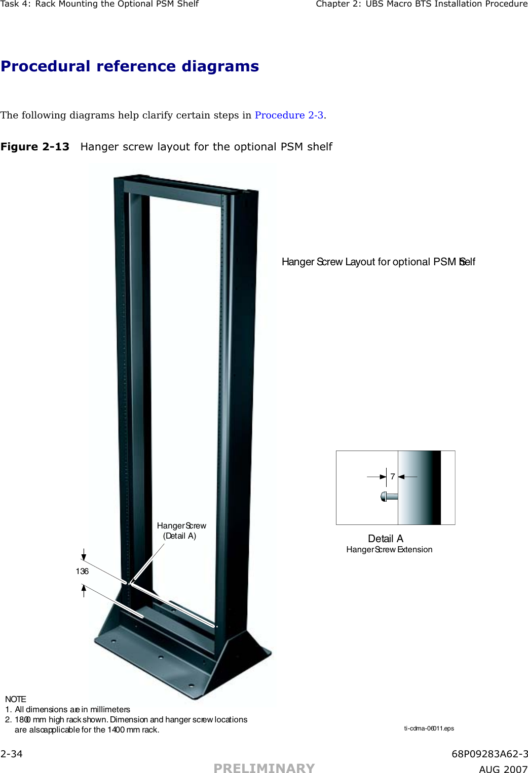 T ask 4: R ack Mounting the Optional PSM Shelf Chapter 2: UBS Macro B T S Installation ProcedureProcedural reference diagramsThe following diagrams help clarify certain steps in Procedure 2 -3 .Figure 2 -13 Hanger screw la y out for the optional PSM shelf136     Hanger Screw Layout for optional PSM ShelfHanger Screw   (Detail A)NOTE1.  All dimensions are in millimeters2. 1800 mm high rack shown. Dimension and hanger screw locations      are also applicable for the 1400 mm rack. ti-cdma-06011.eps            Detail A  Hanger Screw Extension72 -34 68P09283A62 -3PRELIMINARY A UG 2007