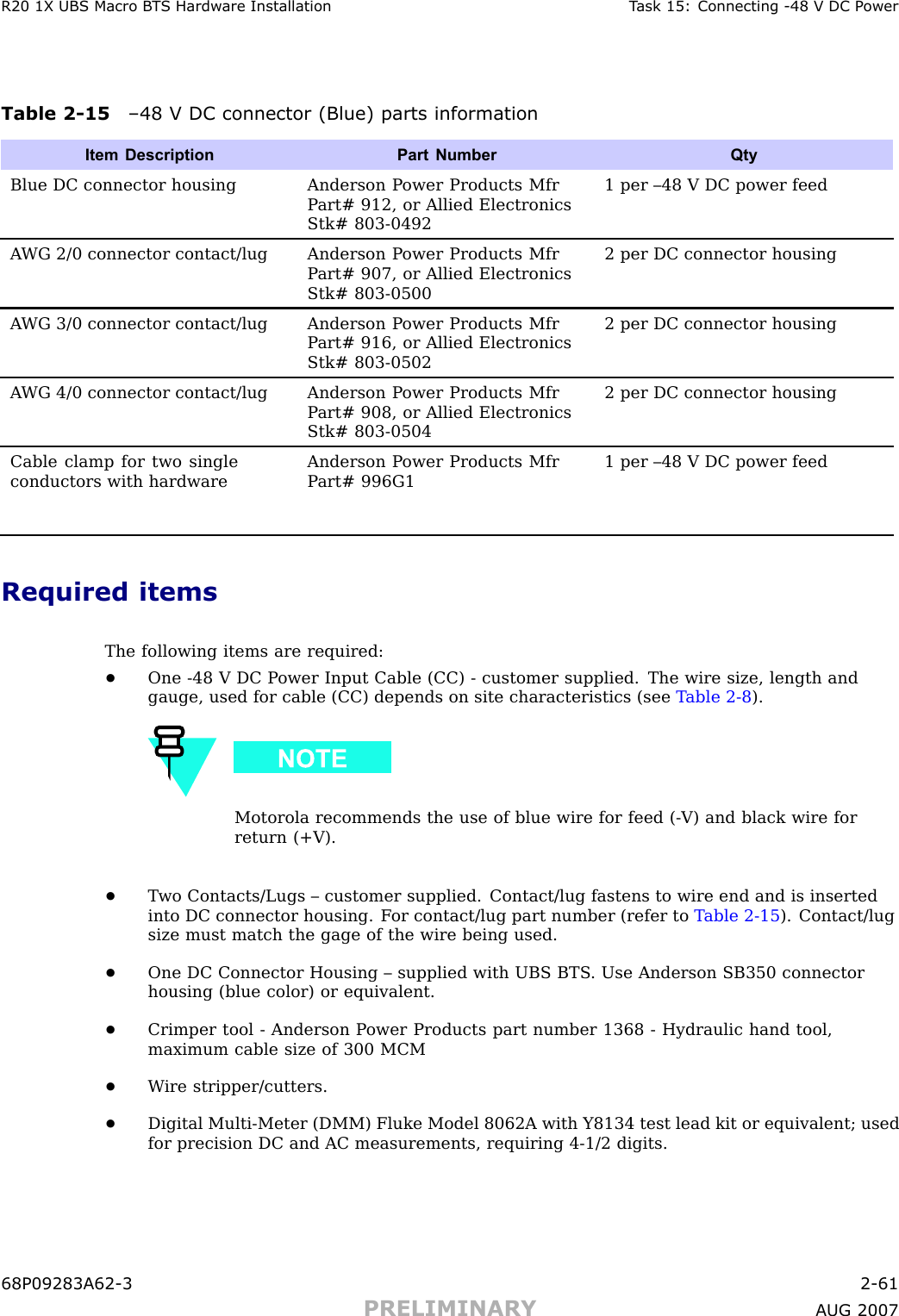 R20 1X UBS Macro B T S Hardw are Installation T ask 15: Connecting -48 V DC P owerTable 2 -15 –48 V DC connector (Blue) parts informationItem Description Part NumberQtyBlue DC connector housing Anderson P ower Products MfrP art# 912, or Allied ElectronicsStk# 803-04921 per –48 V DC power feedA WG 2/0 connector contact/lug Anderson P ower Products MfrP art# 907, or Allied ElectronicsStk# 803-05002 per DC connector housingA WG 3/0 connector contact/lug Anderson P ower Products MfrP art# 916, or Allied ElectronicsStk# 803-05022 per DC connector housingA WG 4/0 connector contact/lug Anderson P ower Products MfrP art# 908, or Allied ElectronicsStk# 803-05042 per DC connector housingCable clamp for two singleconductors with hardwareAnderson P ower Products MfrP art# 996G11 per –48 V DC power feedRequired itemsThe following items are required:•One -48 V DC P ower Input Cable (CC) - customer supplied. The wire size, length andgauge, used for cable (CC) depends on site characteristics (see T able 2 -8 ).Motorola recommends the use of blue wire for feed ( -V) and black wire forreturn (+V).•T wo Contacts/Lugs – customer supplied. Contact/lug fastens to wire end and is insertedinto DC connector housing. F or contact/lug part number (refer to T able 2 -15 ). Contact/lugsize must match the gage of the wire being used.•One DC Connector Housing – supplied with UBS BTS . Use Anderson SB350 connectorhousing (blue color) or equivalent.•Crimper tool - Anderson P ower Products part number 1368 - Hydraulic hand tool,maximum cable size of 300 MCM•W ire stripper/cutters.•Digital Multi -Meter (DMM) Fluke Model 8062A with Y8134 test lead kit or equivalent; usedfor precision DC and AC measurements, requiring 4 -1/2 digits.68P09283A62 -3 2 -61PRELIMINARY A UG 2007