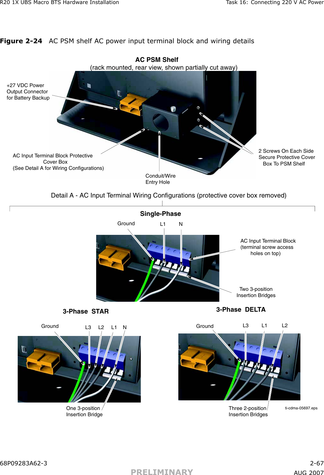 R20 1X UBS Macro B T S Hardw are Installation T ask 16: Connecting 220 V AC P owerFigure 2 -24 AC PSM shelf AC power input terminal block and wiring detailsti-cdma-05697.eps                         AC PSM Shelf(rack mounted, rear view, shown partially cut away)+27 VDC PowerOutput Connectorfor Battery BackupAC Input Terminal Block Protective                     Cover Box (See Detail A for Wiring Configurations)Conduit/WireEntry Hole2 Screws On Each SideSecure Protective Cover   Box To PSM ShelfDetail A - AC Input Terminal Wiring Configurations (protective cover box removed)Single-PhaseGroundGroundGroundAC Input Terminal Block(terminal screw access       holes on top)  Two 3-positionInsertion BridgesOne 3-positionInsertion BridgeThree 2-positionInsertion Bridges3-Phase  STAR3-Phase  DELTAL3     L2     L1    NL3         L1          L2      L1         N68P09283A62 -3 2 -67PRELIMINARY A UG 2007