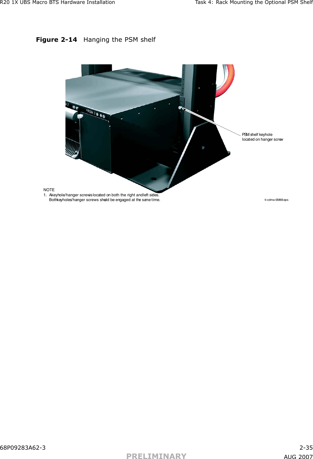 R20 1X UBS Macro B T S Hardw are Installation T ask 4: R ack Mounting the Optional PSM ShelfFigure 2 -14 Hanging the PSM shelfti-cdma-05869.epsPSM shelf keyholelocated on hanger screw NOTE1.  A keyhole/hanger screw is located on both the right and left sides.      Both keyholes/hanger screws should be engaged at the same time. 68P09283A62 -3 2 -35PRELIMINARY A UG 2007