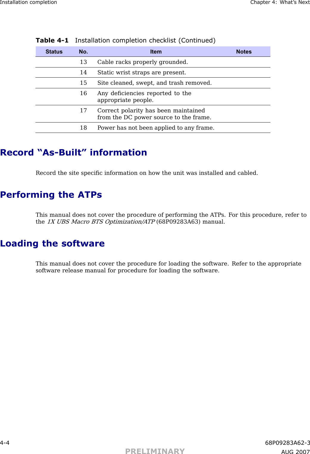 Installation completion Chapter 4: What ’ s NextTable 4 -1 Installation completion checklist (Continued)StatusNo. Item Notes13Cable racks properly grounded.14 Static wrist straps are present.15Site cleaned, swept, and trash removed.16Any deﬁciencies reported to theappropriate people.17Correct polarity has been maintainedfrom the DC power source to the frame.18P ower has not been applied to any frame.Record “As -Built” informationRecord the site speciﬁc information on how the unit was installed and cabled.Performing the ATPsThis manual does not cover the procedure of performing the A TP s. F or this procedure, refer tothe1X UBS Macro BTS Optimization/A TP(68P09283A63) manual.Loading the softwareThis manual does not cover the procedure for loading the software. Refer to the appropriatesoftware release manual for procedure for loading the software.4 -4 68P09283A62 -3PRELIMINARY A UG 2007