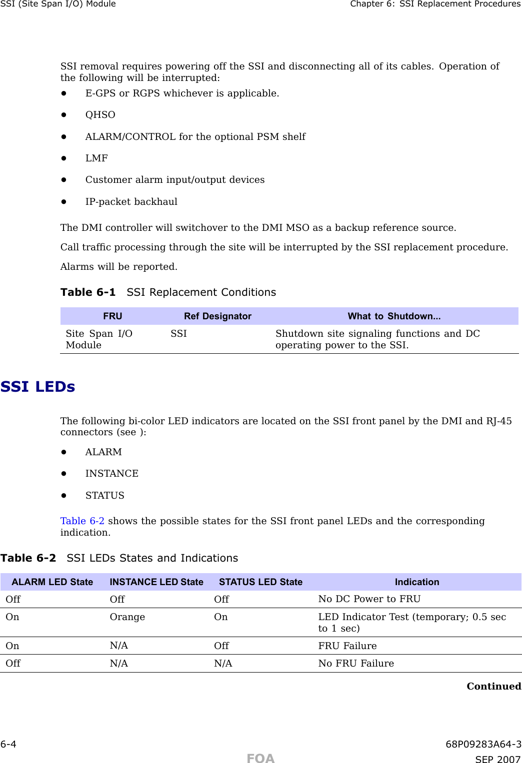 S SI (Site Span I/O) Module Chapter 6: S SI R eplacement ProceduresS SI removal requires powering off the S SI and disconnecting all of its cables. Operation ofthe following will be interrupted:•E -GPS or RGPS whichever is applicable.•QHSO•ALARM/CONTROL for the optional PSM shelf•LMF•Customer alarm input/output devices•IP -packet backhaulThe DMI controller will switchover to the DMI MSO as a backup reference source.Call trafﬁc processing through the site will be interrupted by the S SI replacement procedure.Alarms will be reported.Table 6 -1 S SI R eplacement ConditionsFRURef Designator What to Shutdown...Site Span I/OModuleS SIShutdown site signaling functions and DCoperating power to the S SI.SSI LEDsThe following bi -color LED indicators are located on the S SI front panel by the DMI and RJ -45connectors (see ):•ALARM•INST ANCE•ST A TUST able 6 -2 shows the possible states for the S SI front panel LEDs and the correspondingindication.Table 6 -2 S SI LEDs States and IndicationsALARM LED State INST ANCE LED State ST A TUS LED StateIndicationOff Off OffNo DC P ower to FRUOn Orange OnLED Indicator T est (temporary; 0.5 secto 1 sec)OnN/AOff FRU F ailureOffN/A N/ANo FRU F ailureContinued6 -4 68P09283A64 -3FOA SEP 2007