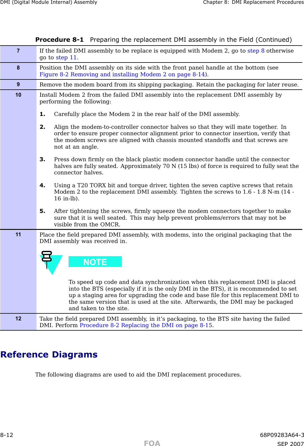 DMI (Digital Module Internal) Assembly Chapter 8: DMI R eplacement ProceduresProcedure 8 -1 Preparing the replacement DMI assembly in the Field (Continued)7If the failed DMI assembly to be replace is equipped with Modem 2, go to step 8 otherwisego to step 11 .8P osition the DMI assembly on its side with the front panel handle at the bottom (seeFigure 8-2 Removing and installing Modem 2 on page 8- 14 ).9Remove the modem board from its shipping packaging. Retain the packaging for later reuse.10Install Modem 2 from the failed DMI assembly into the replacement DMI assembly byperforming the following:1. Carefully place the Modem 2 in the rear half of the DMI assembly .2. Align the modem-to-controller connector halves so that they will mate together . Inorder to ensure proper connector alignment prior to connector insertion, verify thatthe modem screws are aligned with chassis mounted standoffs and that screws arenot at an angle.3. Press down ﬁrmly on the black plastic modem connector handle until the connectorhalves are fully seated. Approximately 70 N (15 lbs) of force is required to fully seat theconnector halves.4. Using a T20 TORX bit and torque driver , tighten the seven captive screws that retainModem 2 to the replacement DMI assembly . Tighten the screws to 1.6 - 1.8 N-m (14 -16 in-lb).5. A fter tightening the screws, ﬁrmly squeeze the modem connectors together to makesure that it is well seated. This may help prevent problems/errors that may not bevisible from the OMCR.1 1Place the ﬁeld prepared DMI assembly , with modems, into the original packaging that theDMI assembly was received in.T o speed up code and data synchronization when this replacement DMI is placedinto the BTS (especially if it is the only DMI in the BTS), it is recommended to setup a staging area for upgrading the code and base ﬁle for this replacement DMI tothe same version that is used at the site. A fterwards, the DMI may be packagedand taken to the site.12T ake the ﬁeld prepared DMI assembly , in it’s packaging, to the BTS site having the failedDMI. P erform Procedure 8-2 Replacing the DMI on page 8- 15 .Reference DiagramsThe following diagrams are used to aid the DMI replacement procedures.8 -12 68P09283A64 -3FOA SEP 2007