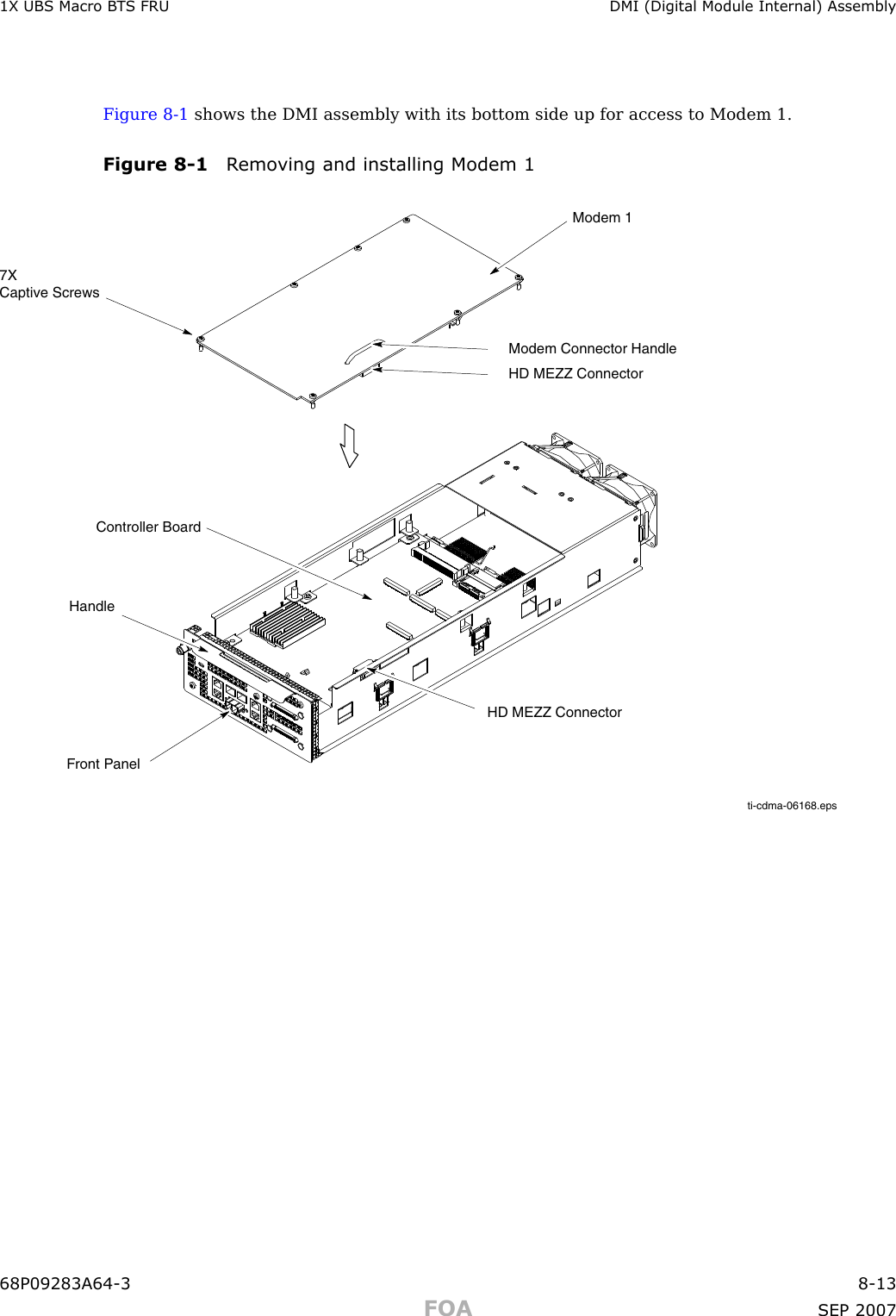 1X UBS Macro B T S FRU DMI (Digital Module Internal) AssemblyFigure 8 -1 shows the DMI assembly with its bottom side up for access to Modem 1.Figure 8 -1 R emo ving and installing Modem 1ti-cdma-06168.eps7X Captive ScrewsModem 1Front PanelHD MEZZ ConnectorModem Connector HandleHD MEZZ ConnectorController BoardHandle68P09283A64 -3 8 -13FOA SEP 2007