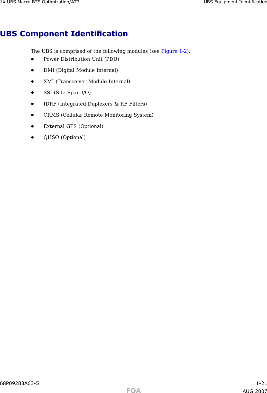 1X UBS Macro B T S Optimization/A TP UBS Equipment IdenticationUBS Component IdenticationThe UBS is comprised of the following modules (see Figure 1 -2 ):•P ower Distribution Unit (PDU)•DMI (Digital Module Internal)•XMI (Transceiver Module Internal)•S SI (Site Span I/O)•IDRF (Integrated Duplexers &amp; RF Filters)•CRMS (Cellular Remote Monitoring System)•External GPS (Optional)•QHSO (Optional)68P09283A63 -5 1 -21FOA A UG 2007