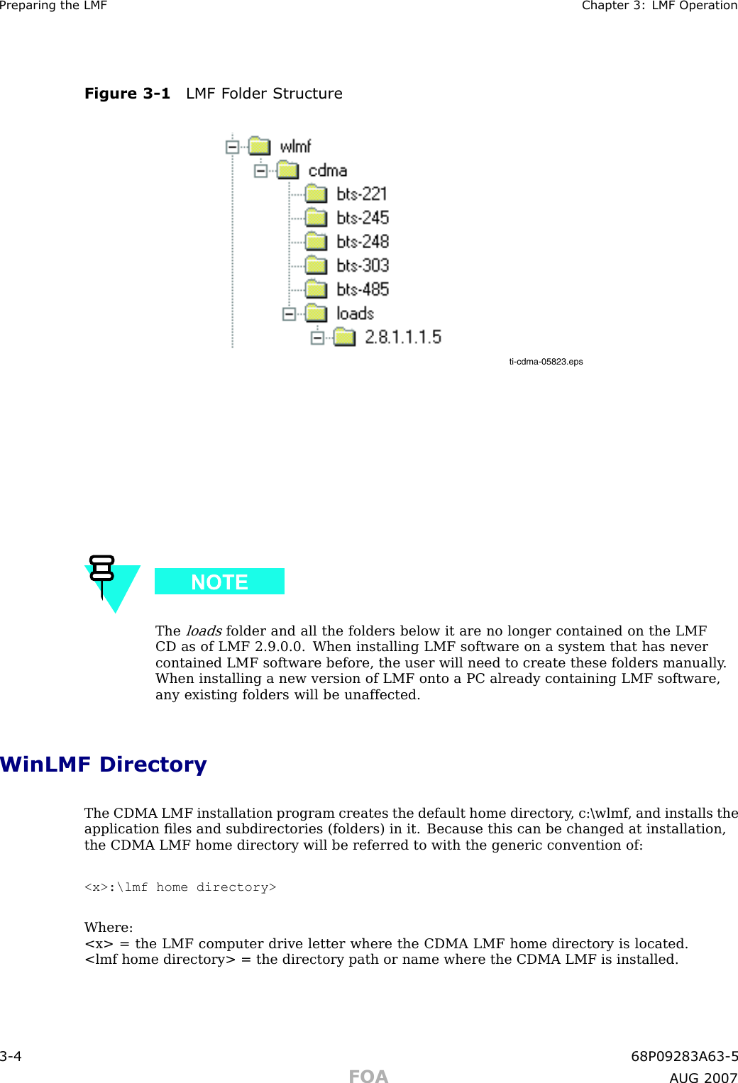 Preparing the LMF Chapter 3: LMF Oper ationFigure 3 -1 LMF F older Structureti-cdma-05823.epsTheloadsfolder and all the folders below it are no longer contained on the LMFCD as of LMF 2.9.0.0. When installing LMF software on a system that has nevercontained LMF software before, the user will need to create these folders manually .When installing a new version of LMF onto a PC already containing LMF software,any existing folders will be unaffected.WinLMF DirectoryThe CDMA LMF installation program creates the default home directory , c:\wlmf , and installs theapplication ﬁles and subdirectories (folders) in it. Because this can be changed at installation,the CDMA LMF home directory will be referred to with the generic convention of:&lt;x&gt;:\lmf home directory&gt;Where:&lt;x&gt; = the LMF computer drive letter where the CDMA LMF home directory is located.&lt;lmf home directory&gt; = the directory path or name where the CDMA LMF is installed.3 -4 68P09283A63 -5FOA A UG 2007