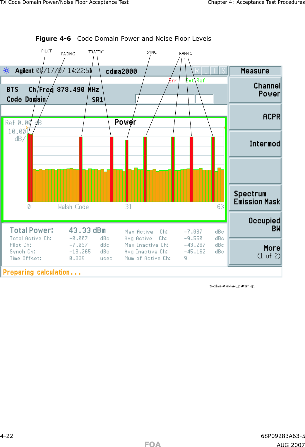 TX Code Domain P ower/Noise Floor Acceptance T est Chapter 4: Acceptance T est ProceduresFigure 4 -6 Code Domain P ower and Noise Floor Lev elsti-cdma-standa rd_pa ttern.epsPILOT PAGING SYNC TRAFFICTRAFFIC4 -22 68P09283A63 -5FOA A UG 2007