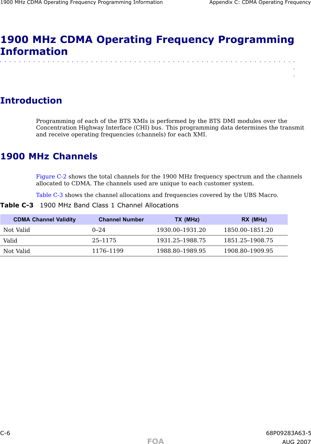 1900 MHz CDMA Oper ating Frequency Progr amming Information Appendix C: CDMA Oper ating Frequency1900 MHz CDMA Operating Frequency ProgrammingInformation■■■■■■■■■■■■■■■■■■■■■■■■■■■■■■■■■■■■■■■■■■■■■■■■■■■■■■■■■■■■■■■■IntroductionProgramming of each of the BTS XMIs is performed by the BTS DMI modules over theConcentration Highway Interface (CHI) bus. This programming data determines the transmitand receive operating frequencies (channels) for each XMI.1900 MHz ChannelsFigure C -2 shows the total channels for the 1900 MHz frequency spectrum and the channelsallocated to CDMA. The channels used are unique to each customer system.T able C -3 shows the channel allocations and frequencies covered by the UBS Macro .Table C -3 1900 MHz Band Class 1 Channel AllocationsCDMA Channel V alidity Channel Number TX (MHz) RX (MHz)Not V alid0–24 1930.00–1931.20 1850.00–1851.20V alid25–1175 1931.25–1988.75 1851.25–1908.75Not V alid1176–1199 1988.80–1989.95 1908.80–1909.95C -6 68P09283A63 -5FOA A UG 2007