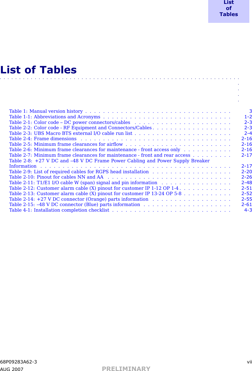 L i s to fT a b l e sList of Tables■■■■■■■■■■■■■■■■■■■■■■■■■■■■■■■■■■■■■■■■■■■■■■■■■■■■■■■■■■■■■■■■■■T able 1: Manual version history . . . . . . . . . . . . . . . . . . . . . . . . . . . . . . . . . 3T able 1 -1: Abbreviations and Acronyms . . . . . . . . . . . . . . . . . . . . . . . . . . . . . 1 - 2T able 2 -1: Color code – DC power connectors/cables . . . . . . . . . . . . . . . . . . . . . . 2 - 3T able 2 -2: Color code - RF Equipment and Connectors/Cables . . . . . . . . . . . . . . . . . . 2 - 3T able 2 -3: UBS Macro BTS external I/O cable run list . . . . . . . . . . . . . . . . . . . . . . 2 - 4T able 2 -4: Frame dimensions . . . . . . . . . . . . . . . . . . . . . . . . . . . . . . . . . . 2 - 16T able 2 -5: Minimum frame clearances for airﬂow . . . . . . . . . . . . . . . . . . . . . . . . 2 - 16T able 2 -6: Minimum frame clearances for maintenance - front access only . . . . . . . . . . . 2 - 16T able 2 -7: Minimum frame clearances for maintenance - front and rear access . . . . . . . . . 2 - 17T able 2 -8: +27 V DC and –48 V DC Frame P ower Cabling and P ower Supply BreakerInformation ........................................... 2 - 17T able 2 -9: List of required cables for RGPS head installation . . . . . . . . . . . . . . . . . . 2 - 20T able 2 -10: Pinout for cables NN and AA . . . . . . . . . . . . . . . . . . . . . . . . . . . . 2 - 26T able 2 -11: T1/E1 I/O cable W (span) signal and pin information . . . . . . . . . . . . . . . . 2 - 48T able 2 -12: Customer alarm cable (X) pinout for customer IP 1 -12 OP 1 -4 . . . . . . . . . . . . 2 - 51T able 2 -13: Customer alarm cable (X) pinout for customer IP 13 -24 OP 5 -8 . . . . . . . . . . . 2 - 52T able 2 -14: +27 V DC connector (Orange) parts information . . . . . . . . . . . . . . . . . . 2 - 55T able 2 -15: –48 V DC connector (Blue) parts information . . . . . . . . . . . . . . . . . . . . 2 - 61T able 4 -1: Installation completion checklist . . . . . . . . . . . . . . . . . . . . . . . . . . . 4 - 368P09283A62 -3 viiA UG 2007 PRELIMINARY