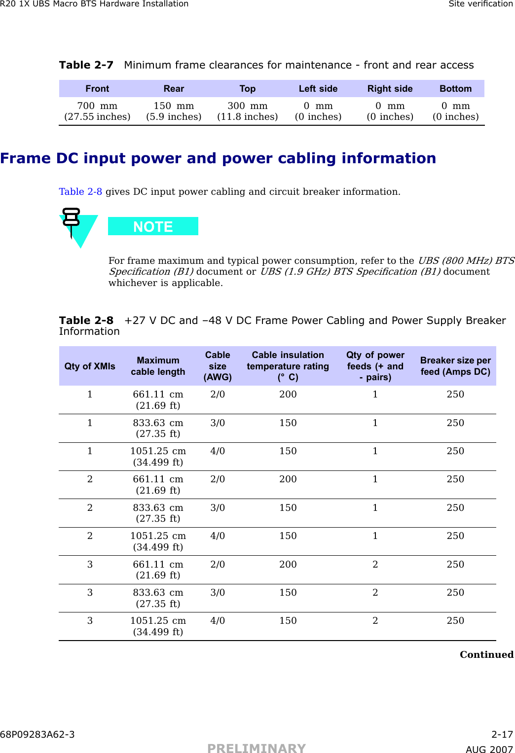 R20 1X UBS Macro B T S Hardw are Installation Site v ericationTable 2 -7 Minimum fr ame clear ances for maintenance - front and rear accessFront Rear T opLeft sideRight side Bottom700 mm(27.55 inches)150 mm(5.9 inches)300 mm(11.8 inches)0 mm(0 inches)0 mm(0 inches)0 mm(0 inches)Frame DC input power and power cabling informationT able 2 -8 gives DC input power cabling and circuit breaker information.F or frame maximum and typical power consumption, refer to theUBS (800 MHz) BTSSpeciﬁcation (B1)document orUBS (1.9 GHz) BTS Speciﬁcation (B1)documentwhichever is applicable.Table 2 -8 +27 V DC and –48 V DC Fr ame P ower Cabling and P ower Supply Break erInformationQty of XMIsMaximumcable lengthCablesize(A WG)Cable insulationtemperature rating(° C)Qty of powerfeeds (+ and- pairs)Breaker size perfeed (Amps DC)1 661.11 cm(21.69 ft)2/0 200 1 2501 833.63 cm(27.35 ft)3/0 150 1 2501 1051.25 cm(34.499 ft)4/0 150 1 2502 661.11 cm(21.69 ft)2/0 200 1 2502 833.63 cm(27.35 ft)3/0 150 1 2502 1051.25 cm(34.499 ft)4/0 150 1 2503 661.11 cm(21.69 ft)2/0 200 2 2503 833.63 cm(27.35 ft)3/0 150 2 2503 1051.25 cm(34.499 ft)4/0 150 2 250Continued68P09283A62 -3 2 -17PRELIMINARY A UG 2007
