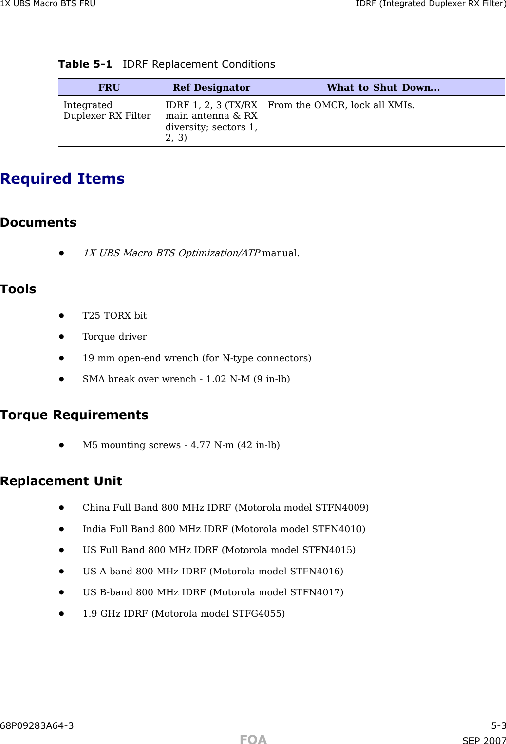 1X UBS Macro B T S FRU IDRF (Integr ated Duplex er RX Filter)Table 5 -1 IDRF R eplacement ConditionsFRURef Designator What to Shut Down...IntegratedDuplexer RX FilterIDRF 1, 2, 3 (TX/RXmain antenna &amp; RXdiversity; sectors 1,2, 3)From the OMCR, lock all XMIs.Required ItemsDocuments•1X UBS Macro BTS Optimization/A TPmanual.Tools•T25 TORX bit•T orque driver•19 mm open -end wrench (for N -type connectors)•SMA break over wrench - 1.02 N -M (9 in -lb)Torque Requirements•M5 mounting screws - 4.77 N -m (42 in -lb)Replacement Unit•China Full Band 800 MHz IDRF (Motorola model STFN4009)•India Full Band 800 MHz IDRF (Motorola model STFN4010)•US Full Band 800 MHz IDRF (Motorola model STFN4015)•US A -band 800 MHz IDRF (Motorola model STFN4016)•US B -band 800 MHz IDRF (Motorola model STFN4017)•1.9 GHz IDRF (Motorola model STFG4055)68P09283A64 -3 5 -3FOA SEP 2007