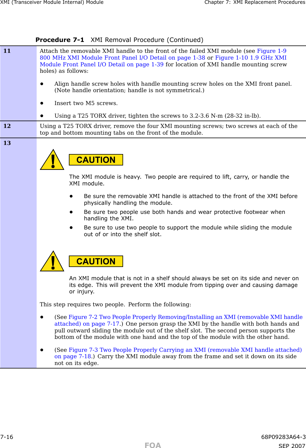 XMI (T r ansceiv er Module Internal) Module Chapter 7: XMI R eplacement ProceduresProcedure 7 -1 XMI R emo v al Procedure (Continued)11A ttach the removable XMI handle to the front of the failed XMI module (see Figure 1-9800 MHz XMI Module Front P anel I/O Detail on page 1- 38 or Figure 1-10 1.9 GHz XMIModule Front P anel I/O Detail on page 1- 39 for location of XMI handle mounting screwholes) as follows:•Align handle screw holes with handle mounting screw holes on the XMI front panel.(Note handle orientation; handle is not symmetrical.)•Insert two M5 screws.•Using a T25 TORX driver , tighten the screws to 3.2-3.6 N-m (28-32 in-lb).12Using a T25 TORX driver , remove the four XMI mounting screws; two screws at each of thetop and bottom mounting tabs on the front of the module.13The XMI module is hea vy . T wo people are required to lift, carry , or handle theXMI module.•Be sure the remo v able XMI handle is attached to the front of the XMI beforeph ysically handling the module.•Be sure two people use both hands and wear protectiv e footwear whenhandling the XMI.•Be sure to use two people to support the module while sliding the moduleout of or into the shelf slot.An XMI module that is not in a shelf should alw a ys be set on its side and nev er onits edge. This will prev ent the XMI module from tipping o v er and causing damageor injury .This step requires two people. P erform the following:•(See Figure 7-2 T wo P eople Properly Removing/Installing an XMI (removable XMI handleattached) on page 7- 17 .) One person grasp the XMI by the handle with both hands andpull outward sliding the module out of the shelf slot. The second person supports thebottom of the module with one hand and the top of the module with the other hand.•(See Figure 7-3 T wo P eople Properly Carrying an XMI (removable XMI handle attached)on page 7- 18 .) Carry the XMI module away from the frame and set it down on its sidenot on its edge.7 -16 68P09283A64 -3FOA SEP 2007