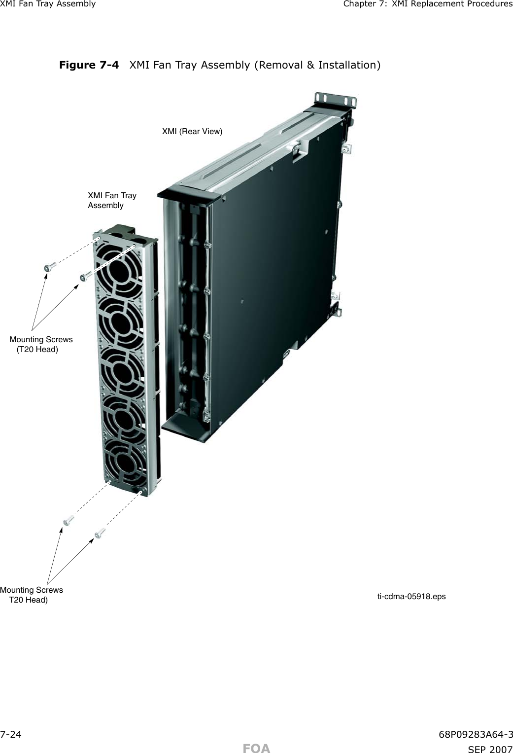 XMI F an T r a y Assembly Chapter 7: XMI R eplacement ProceduresFigure 7 -4 XMI F an T r a y Assembly (R emo v al &amp; Installation)ti-cdma-05918.epsXMI (Rear View)XMI Fan TrayAssemblyMounting Screws   (T20 Head)Mounting Screws    T20 Head)7 -24 68P09283A64 -3FOA SEP 2007