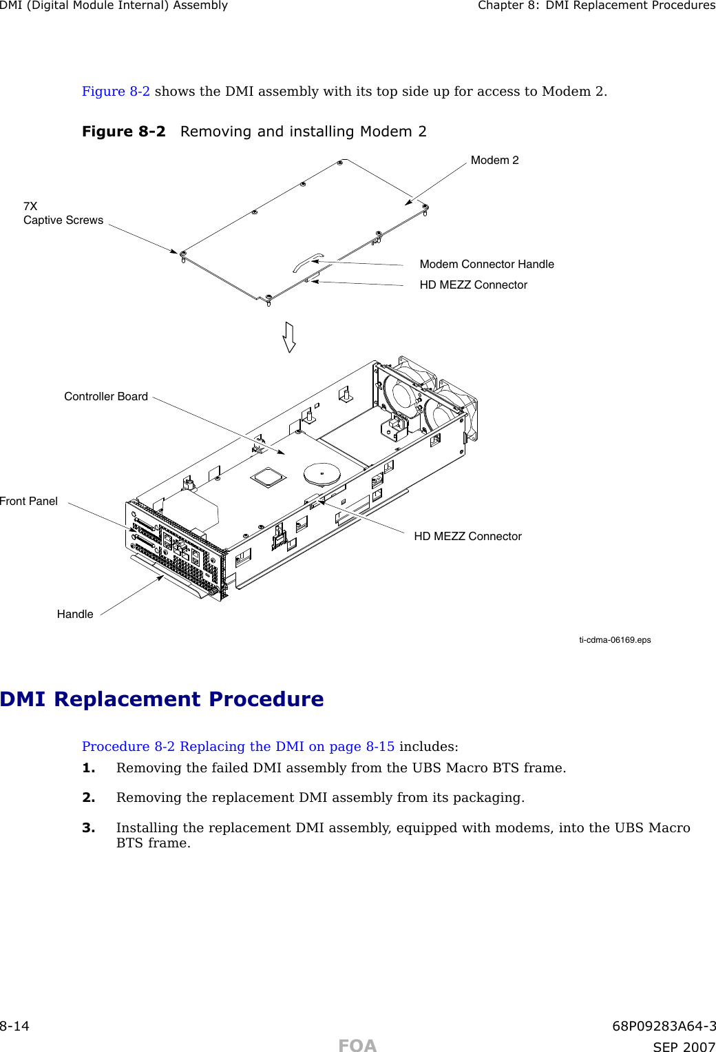DMI (Digital Module Internal) Assembly Chapter 8: DMI R eplacement ProceduresFigure 8 -2 shows the DMI assembly with its top side up for access to Modem 2.Figure 8 -2 R emo ving and installing Modem 2ti-cdma-06169.eps7X Captive ScrewsModem 2Front PanelHD MEZZ ConnectorModem Connector HandleHD MEZZ ConnectorController BoardHandleDMI Replacement ProcedureProcedure 8 -2 Replacing the DMI on page 8 - 15 includes:1. Removing the failed DMI assembly from the UBS Macro BTS frame.2. Removing the replacement DMI assembly from its packaging.3. Installing the replacement DMI assembly , equipped with modems, into the UBS MacroBTS frame.8 -14 68P09283A64 -3FOA SEP 2007