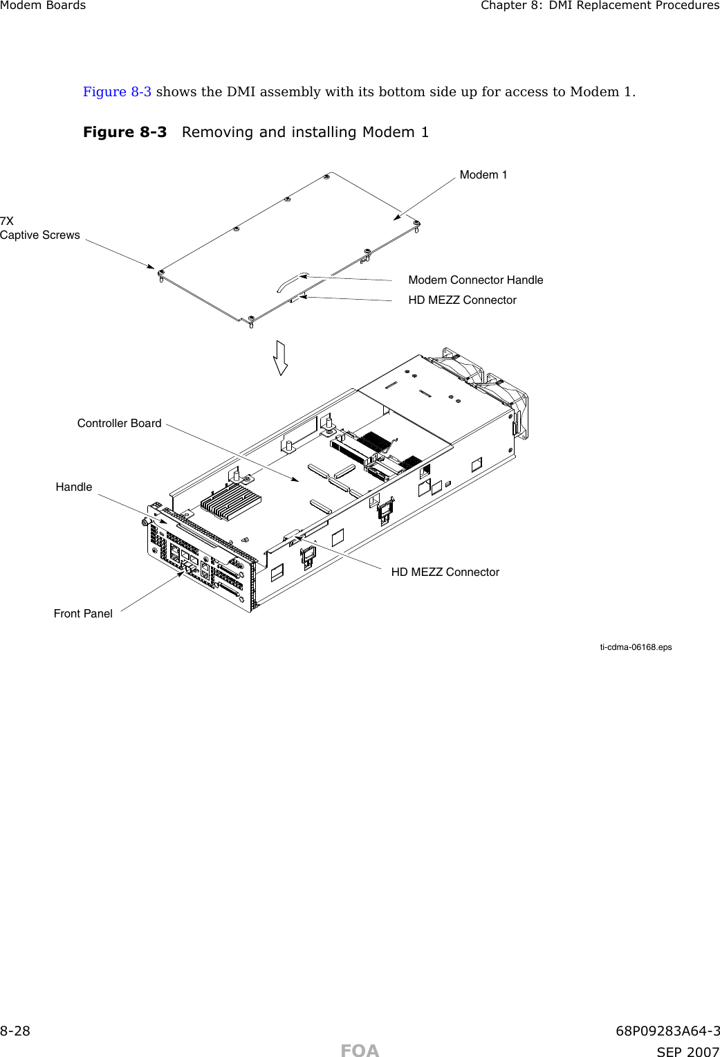 Modem Boards Chapter 8: DMI R eplacement ProceduresFigure 8 -3 shows the DMI assembly with its bottom side up for access to Modem 1.Figure 8 -3 R emo ving and installing Modem 1ti-cdma-06168.eps7X Captive ScrewsModem 1Front PanelHD MEZZ ConnectorModem Connector HandleHD MEZZ ConnectorController BoardHandle8 -28 68P09283A64 -3FOA SEP 2007