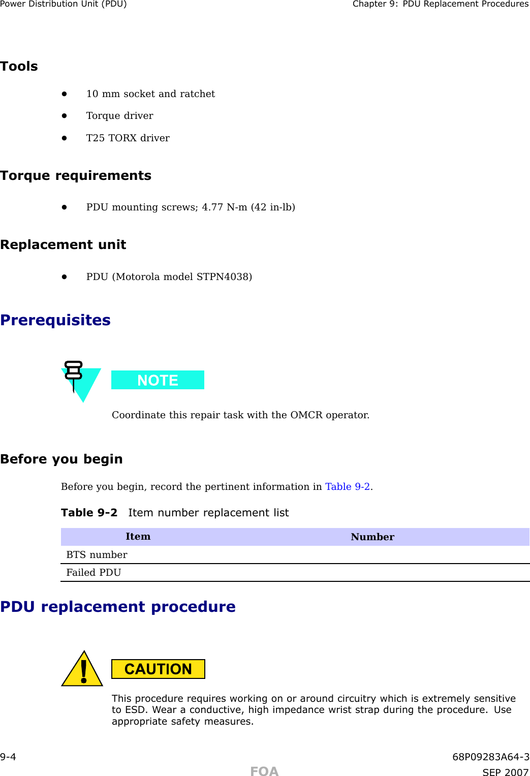 P ower Distribution Unit (PDU) Chapter 9: PDU R eplacement ProceduresTools•10 mm socket and ratchet•T orque driver•T25 TORX driverTorque requirements•PDU mounting screws; 4.77 N -m (42 in -lb)Replacement unit•PDU (Motorola model STPN4038)PrerequisitesCoordinate this repair task with the OMCR operator .Before you beginBefore you begin, record the pertinent information in T able 9 -2 .Table 9 -2 Item number replacement listItemNumberBTS numberF ailed PDUPDU replacement procedureThis procedure requires working on or around circuitry which is extremely sensitiv eto ESD . W ear a conductiv e, high impedance wrist str ap during the procedure. Useappropriate safet y measures.9 -4 68P09283A64 -3FOA SEP 2007