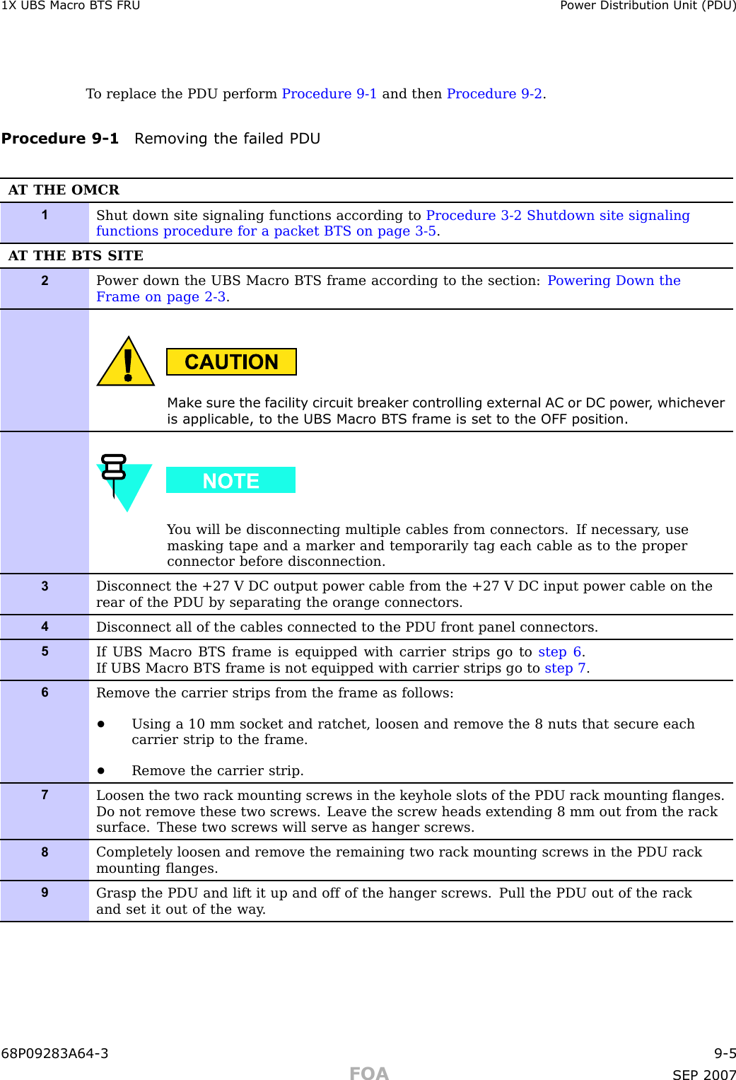 1X UBS Macro B T S FRU P ower Distribution Unit (PDU)T o replace the PDU perform Procedure 9 -1 and then Procedure 9 -2 .Procedure 9 -1 R emo ving the failed PDUA T THE OMCR1Shut down site signaling functions according to Procedure 3-2 Shutdown site signalingfunctions procedure for a packet BTS on page 3- 5 .A T THE BTS SITE2P ower down the UBS Macro BTS frame according to the section: P owering Down theFrame on page 2- 3 .Mak e sure the facilit y circuit break er controlling external AC or DC power , whichev eris applicable, to the UBS Macro B T S fr ame is set to the OFF position.Y ou will be disconnecting multiple cables from connectors. If necessary , usemasking tape and a marker and temporarily tag each cable as to the properconnector before disconnection.3Disconnect the +27 V DC output power cable from the +27 V DC input power cable on therear of the PDU by separating the orange connectors.4Disconnect all of the cables connected to the PDU front panel connectors.5If UBS Macro BTS frame is equipped with carrier strips go to step 6 .If UBS Macro BTS frame is not equipped with carrier strips go to step 7 .6Remove the carrier strips from the frame as follows:•Using a 10 mm socket and ratchet, loosen and remove the 8 nuts that secure eachcarrier strip to the frame.•Remove the carrier strip.7Loosen the two rack mounting screws in the keyhole slots of the PDU rack mounting ﬂanges.Do not remove these two screws. Leave the screw heads extending 8 mm out from the racksurface. These two screws will serve as hanger screws.8Completely loosen and remove the remaining two rack mounting screws in the PDU rackmounting ﬂanges.9Grasp the PDU and lift it up and off of the hanger screws. Pull the PDU out of the rackand set it out of the way .68P09283A64 -3 9 -5FOA SEP 2007