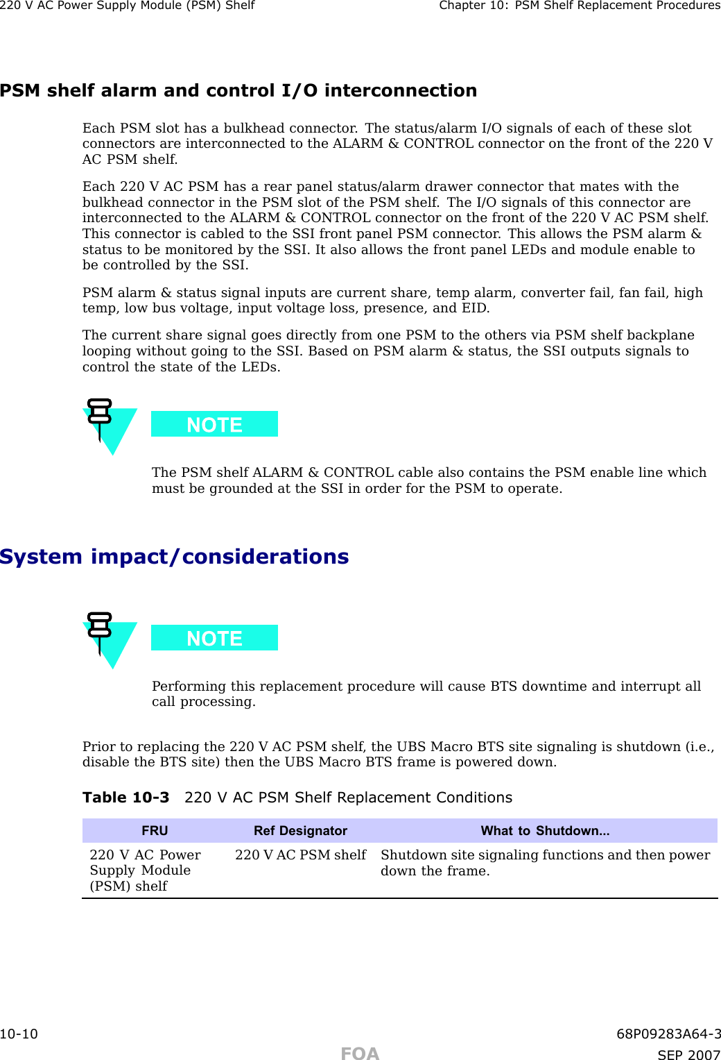 220 V AC P ower Supply Module (PSM) Shelf Chapter 10: PSM Shelf R eplacement ProceduresPSM shelf alarm and control I/O interconnectionEach PSM slot has a bulkhead connector . The status/alarm I/O signals of each of these slotconnectors are interconnected to the ALARM &amp; CONTROL connector on the front of the 220 VAC PSM shelf .Each 220 V AC PSM has a rear panel status/alarm drawer connector that mates with thebulkhead connector in the PSM slot of the PSM shelf . The I/O signals of this connector areinterconnected to the ALARM &amp; CONTROL connector on the front of the 220 V AC PSM shelf .This connector is cabled to the S SI front panel PSM connector . This allows the PSM alarm &amp;status to be monitored by the S SI. It also allows the front panel LEDs and module enable tobe controlled by the S SI.PSM alarm &amp; status signal inputs are current share, temp alarm, converter fail, fan fail, hightemp, low bus voltage, input voltage loss, presence, and EID .The current share signal goes directly from one PSM to the others via PSM shelf backplanelooping without going to the S SI. Based on PSM alarm &amp; status, the S SI outputs signals tocontrol the state of the LEDs.The PSM shelf ALARM &amp; CONTROL cable also contains the PSM enable line whichmust be grounded at the S SI in order for the PSM to operate.System impact/considerationsP erforming this replacement procedure will cause BTS downtime and interrupt allcall processing.Prior to replacing the 220 V AC PSM shelf , the UBS Macro BTS site signaling is shutdown (i.e.,disable the BTS site) then the UBS Macro BTS frame is powered down.Table 10 -3 220 V AC PSM Shelf R eplacement ConditionsFRURef Designator What to Shutdown...220 V AC P owerSupply Module(PSM) shelf220 V AC PSM shelf Shutdown site signaling functions and then powerdown the frame.10 -10 68P09283A64 -3FOA SEP 2007