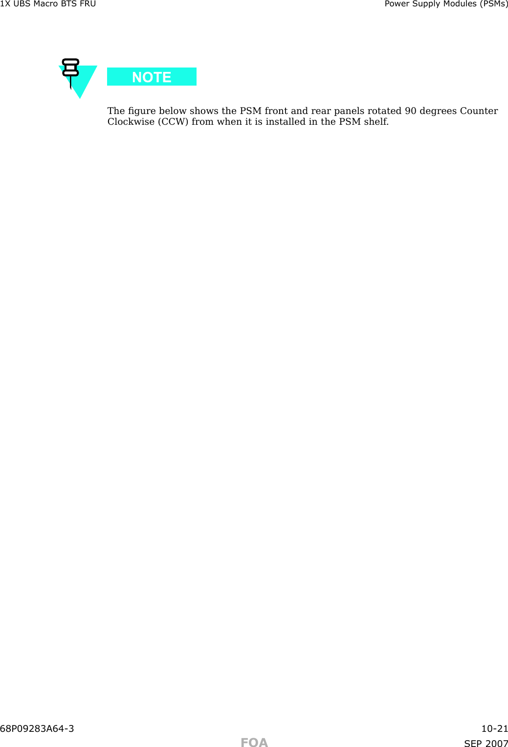 1X UBS Macro B T S FRU P ower Supply Modules (PSMs)The ﬁgure below shows the PSM front and rear panels rotated 90 degrees CounterClockwise (CCW) from when it is installed in the PSM shelf .68P09283A64 -3 10 -21FOA SEP 2007
