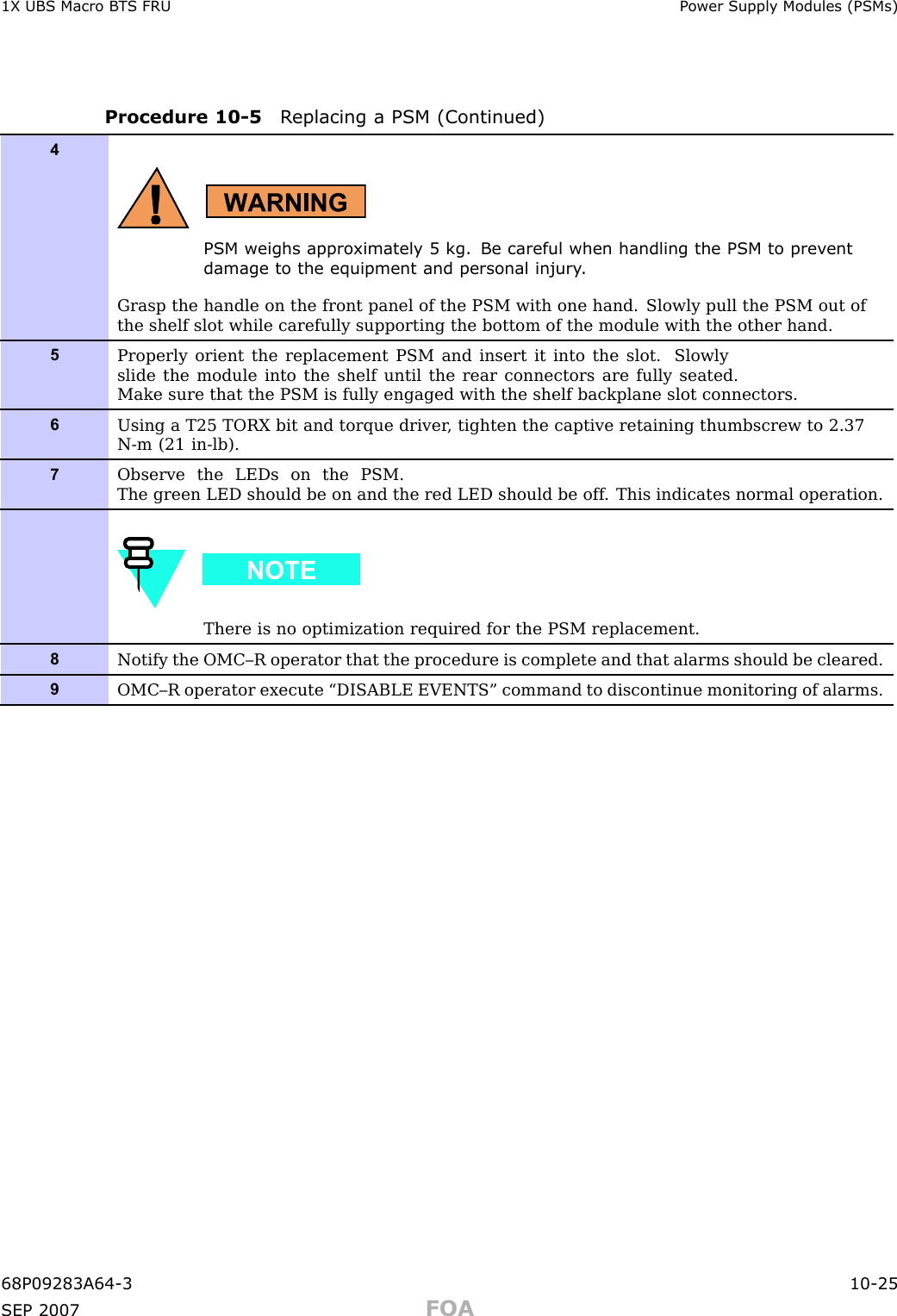 1X UBS Macro B T S FRU P ower Supply Modules (PSMs)Procedure 10 -5 R eplacing a PSM (Continued)4PSM weighs appro ximately 5 kg. Be careful when handling the PSM to prev entdamage to the equipment and personal injury .Grasp the handle on the front panel of the PSM with one hand. Slowly pull the PSM out ofthe shelf slot while carefully supporting the bottom of the module with the other hand.5Properly orient the replacement PSM and insert it into the slot. Slowlyslide the module into the shelf until the rear connectors are fully seated.Make sure that the PSM is fully engaged with the shelf backplane slot connectors.6Using a T25 TORX bit and torque driver , tighten the captive retaining thumbscrew to 2.37N-m (21 in-lb).7Observe the LEDs on the PSM.The green LED should be on and the red LED should be off . This indicates normal operation.There is no optimization required for the PSM replacement.8Notify the OMC–R operator that the procedure is complete and that alarms should be cleared.9OMC–R operator execute “DISABLE EVENTS” command to discontinue monitoring of alarms.68P09283A64 -3 10 -25SEP 2007 FOA