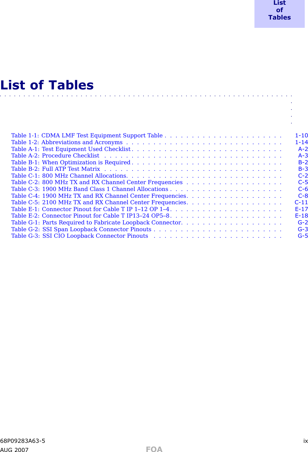 L i s to fT a b l e sList of Tables■■■■■■■■■■■■■■■■■■■■■■■■■■■■■■■■■■■■■■■■■■■■■■■■■■■■■■■■■■■■■■■■■■T able 1 -1: CDMA LMF T est Equipment Support T able . . . . . . . . . . . . . . . . . . . . . . 1 - 10T able 1 -2: Abbreviations and Acronyms . . . . . . . . . . . . . . . . . . . . . . . . . . . . . 1 - 14T able A -1: T est Equipment Used Checklist . . . . . . . . . . . . . . . . . . . . . . . . . . . . A - 2T able A -2: Procedure Checklist . . . . . . . . . . . . . . . . . . . . . . . . . . . . . . . . . A - 3T able B -1: When Optimization is Required . . . . . . . . . . . . . . . . . . . . . . . . . . . . B - 2T able B -2: Full A TP T est Matrix . . . . . . . . . . . . . . . . . . . . . . . . . . . . . . . . . B - 3T able C -1: 800 MHz Channel Allocations . . . . . . . . . . . . . . . . . . . . . . . . . . . . . C - 2T able C -2: 800 MHz TX and RX Channel Center Frequencies . . . . . . . . . . . . . . . . . . C - 5T able C -3: 1900 MHz Band Class 1 Channel Allocations . . . . . . . . . . . . . . . . . . . . . C - 6T able C -4: 1900 MHz TX and RX Channel Center Frequencies . . . . . . . . . . . . . . . . . . C - 8T able C -5: 2100 MHz TX and RX Channel Center Frequencies . . . . . . . . . . . . . . . . . . C - 11T able E -1: Connector Pinout for Cable T IP 1–12 OP 1–4 . . . . . . . . . . . . . . . . . . . . . E - 17T able E -2: Connector Pinout for Cable T IP13–24 OP5–8 . . . . . . . . . . . . . . . . . . . . . E - 18T able G -1: P arts Required to F abricate Loopback Connector . . . . . . . . . . . . . . . . . . . G - 2T able G -2: S SI Span Loopback Connector Pinouts . . . . . . . . . . . . . . . . . . . . . . . . G - 3T able G -3: S SI CIO Loopback Connector Pinouts . . . . . . . . . . . . . . . . . . . . . . . . G - 568P09283A63 -5 ixA UG 2007 FOA