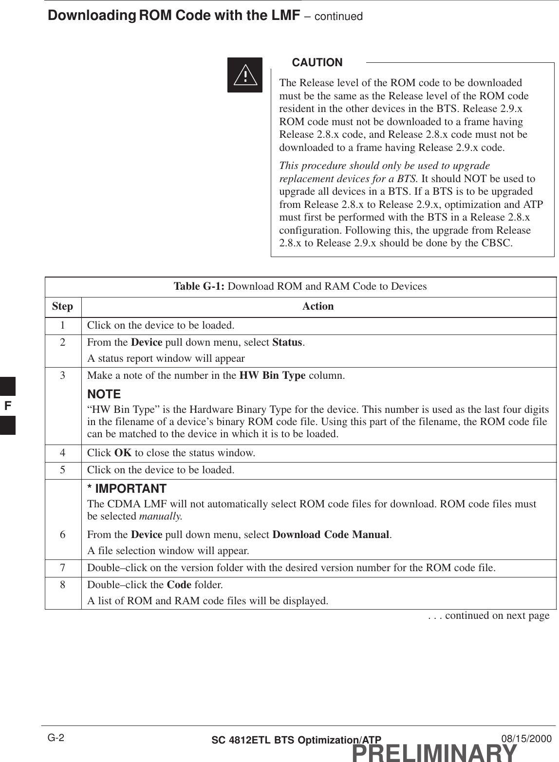 Downloading ROM Code with the LMF – continuedPRELIMINARYSC 4812ETL BTS Optimization/ATP 08/15/2000G-2The Release level of the ROM code to be downloadedmust be the same as the Release level of the ROM coderesident in the other devices in the BTS. Release 2.9.xROM code must not be downloaded to a frame havingRelease 2.8.x code, and Release 2.8.x code must not bedownloaded to a frame having Release 2.9.x code.This procedure should only be used to upgradereplacement devices for a BTS. It should NOT be used toupgrade all devices in a BTS. If a BTS is to be upgradedfrom Release 2.8.x to Release 2.9.x, optimization and ATPmust first be performed with the BTS in a Release 2.8.xconfiguration. Following this, the upgrade from Release2.8.x to Release 2.9.x should be done by the CBSC.CAUTIONTable G-1: Download ROM and RAM Code to DevicesStep Action1Click on the device to be loaded.2From the Device pull down menu, select Status.A status report window will appear3Make a note of the number in the HW Bin Type column.NOTE“HW Bin Type” is the Hardware Binary Type for the device. This number is used as the last four digitsin the filename of a device’s binary ROM code file. Using this part of the filename, the ROM code filecan be matched to the device in which it is to be loaded.4 Click OK to close the status window.5Click on the device to be loaded.* IMPORTANTThe CDMA LMF will not automatically select ROM code files for download. ROM code files mustbe selected manually.6From the Device pull down menu, select Download Code Manual.A file selection window will appear.7Double–click on the version folder with the desired version number for the ROM code file.8Double–click the Code folder.A list of ROM and RAM code files will be displayed.. . . continued on next pageF