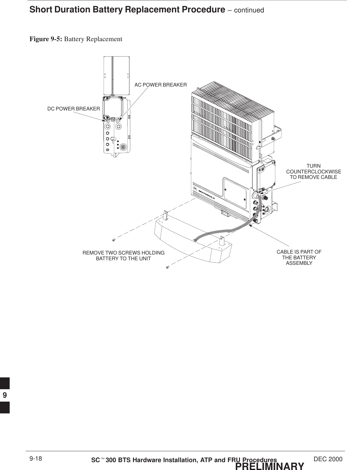 Short Duration Battery Replacement Procedure – continuedPRELIMINARYSCt300 BTS Hardware Installation, ATP and FRU Procedures DEC 20009-18Figure 9-5: Battery ReplacementREMOVE TWO SCREWS HOLDINGBATTERY TO THE UNITCABLE IS PART OFTHE BATTERYASSEMBLYTURNCOUNTERCLOCKWISETO REMOVE CABLEDC POWER BREAKERAC POWER BREAKER9