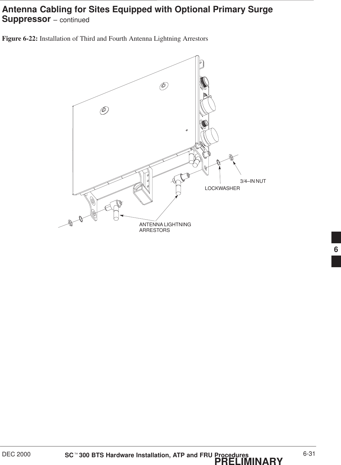 Antenna Cabling for Sites Equipped with Optional Primary SurgeSuppressor – continuedDEC 2000 6-31SCt300 BTS Hardware Installation, ATP and FRU ProceduresPRELIMINARYFigure 6-22: Installation of Third and Fourth Antenna Lightning ArrestorsANTENNA LIGHTNINGARRESTORSLOCKWASHER3/4–IN NUT6