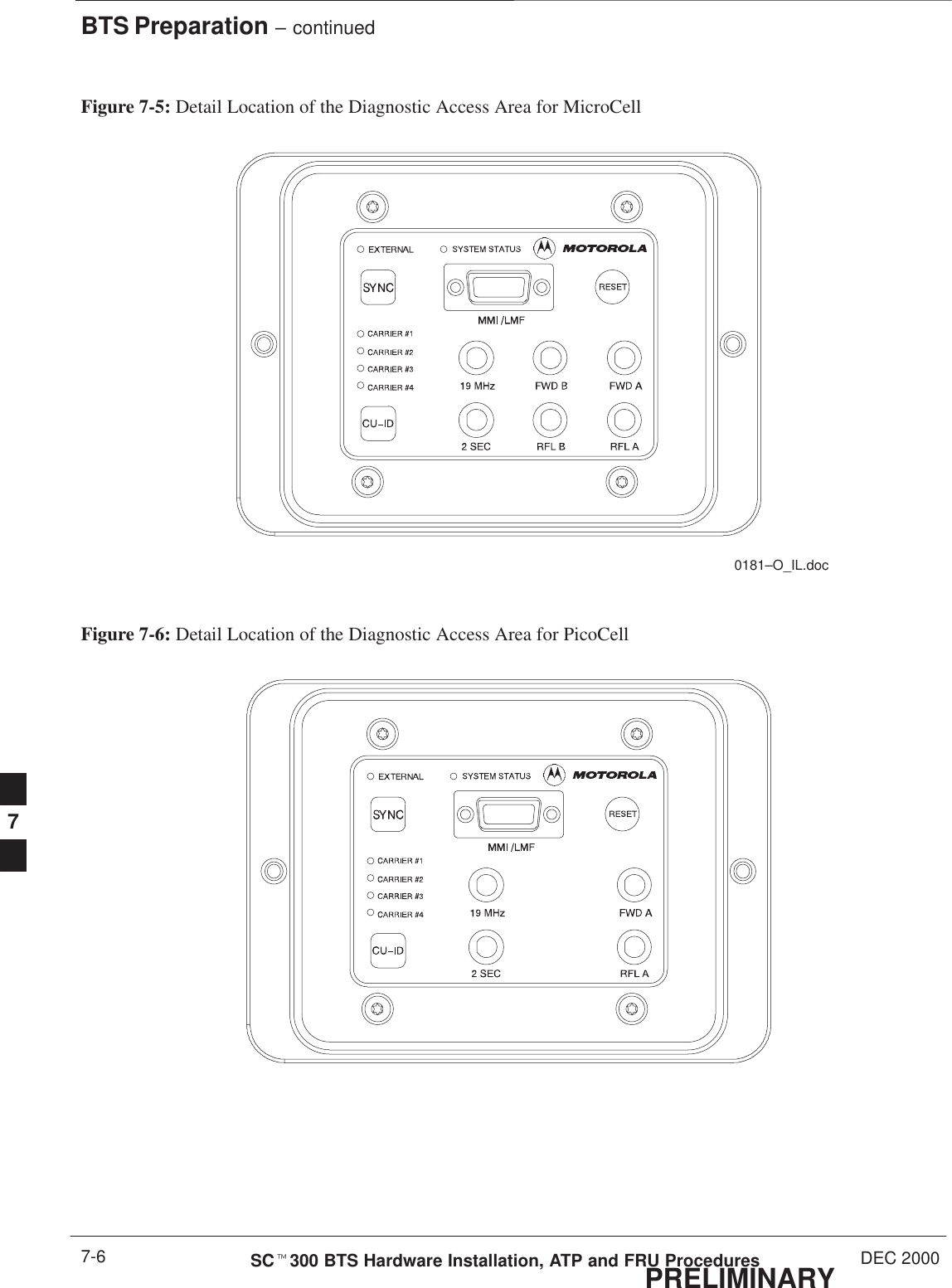 BTS Preparation – continuedPRELIMINARYSCt300 BTS Hardware Installation, ATP and FRU Procedures DEC 20007-6Figure 7-5: Detail Location of the Diagnostic Access Area for MicroCell0181–O_IL.docFigure 7-6: Detail Location of the Diagnostic Access Area for PicoCell7