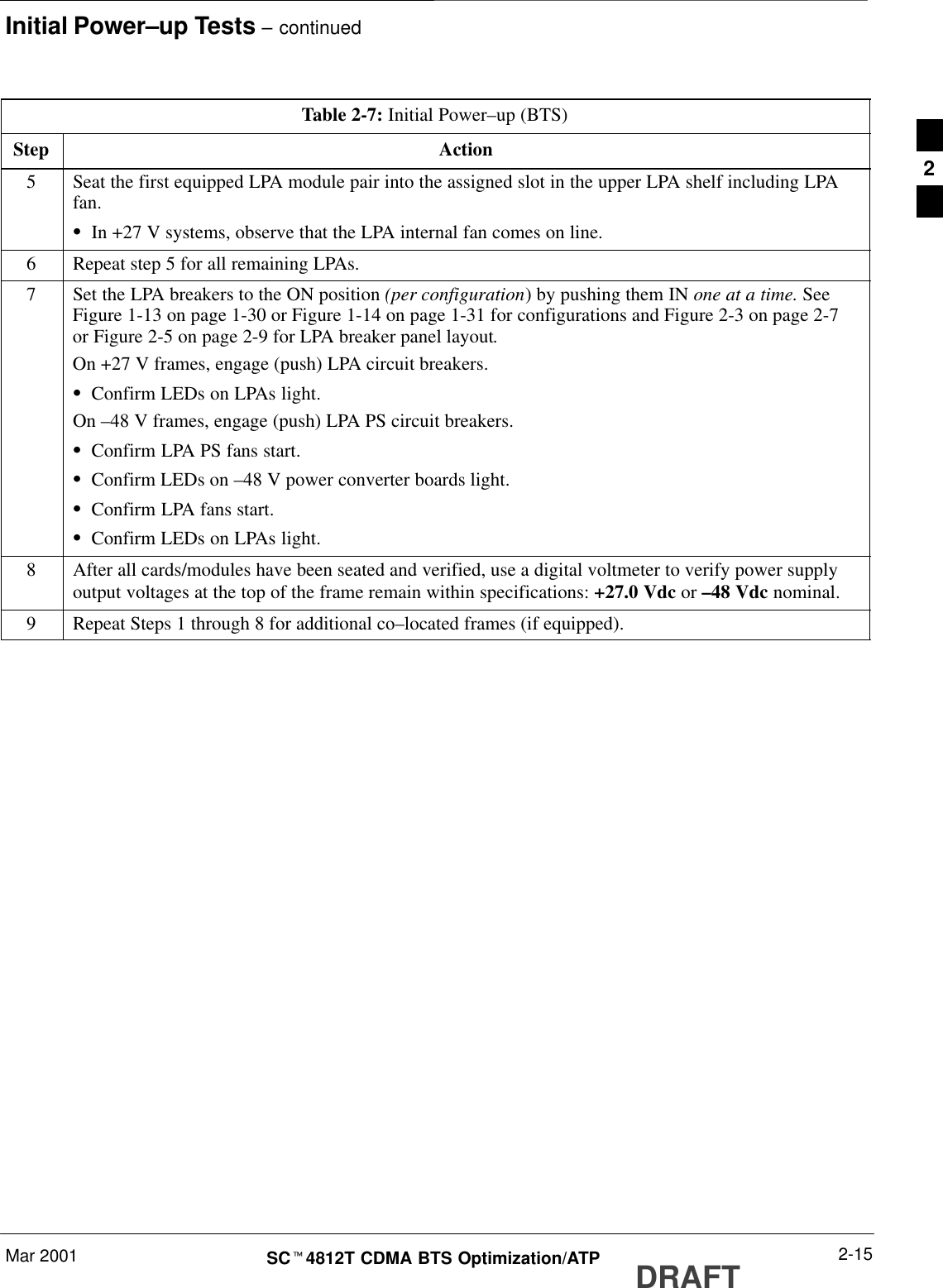 Initial Power–up Tests – continuedMar 2001 2-15SCt4812T CDMA BTS Optimization/ATP DRAFTTable 2-7: Initial Power–up (BTS)Step Action5Seat the first equipped LPA module pair into the assigned slot in the upper LPA shelf including LPAfan.SIn +27 V systems, observe that the LPA internal fan comes on line.6Repeat step 5 for all remaining LPAs.7Set the LPA breakers to the ON position (per configuration) by pushing them IN one at a time. SeeFigure 1-13 on page 1-30 or Figure 1-14 on page 1-31 for configurations and Figure 2-3 on page 2-7or Figure 2-5 on page 2-9 for LPA breaker panel layout.On +27 V frames, engage (push) LPA circuit breakers.SConfirm LEDs on LPAs light.On –48 V frames, engage (push) LPA PS circuit breakers.SConfirm LPA PS fans start.SConfirm LEDs on –48 V power converter boards light.SConfirm LPA fans start.SConfirm LEDs on LPAs light.8After all cards/modules have been seated and verified, use a digital voltmeter to verify power supplyoutput voltages at the top of the frame remain within specifications: +27.0 Vdc or –48 Vdc nominal.9Repeat Steps 1 through 8 for additional co–located frames (if equipped). 2