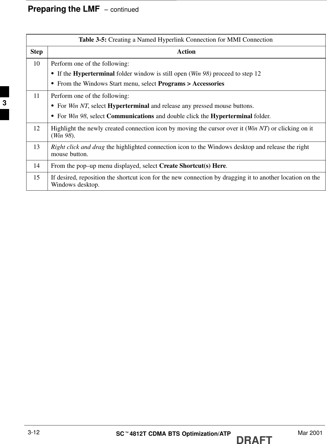 Preparing the LMF  – continuedDRAFTSCt4812T CDMA BTS Optimization/ATP Mar 20013-12Table 3-5: Creating a Named Hyperlink Connection for MMI ConnectionStep Action10 Perform one of the following:SIf the Hyperterminal folder window is still open (Win 98) proceed to step 12SFrom the Windows Start menu, select Programs &gt; Accessories11 Perform one of the following:SFor Win NT, select Hyperterminal and release any pressed mouse buttons.SFor Win 98, select Communications and double click the Hyperterminal folder.12 Highlight the newly created connection icon by moving the cursor over it (Win NT) or clicking on it(Win 98).13 Right click and drag the highlighted connection icon to the Windows desktop and release the rightmouse button.14 From the pop–up menu displayed, select Create Shortcut(s) Here.15 If desired, reposition the shortcut icon for the new connection by dragging it to another location on theWindows desktop. 3