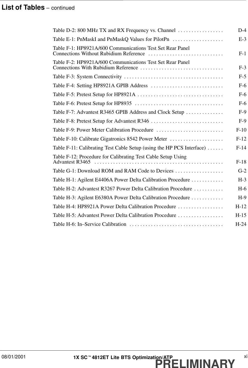 List of Tables – continued08/01/2001 xi1X SCt4812ET Lite BTS Optimization/ATPPRELIMINARYTable D-2: 800 MHz TX and RX Frequency vs. Channel D-4. . . . . . . . . . . . . . . . . Table E-1: PnMaskI and PnMaskQ Values for PilotPn E-3. . . . . . . . . . . . . . . . . . . Table F-1: HP8921A/600 Communications Test Set Rear Panel Connections Without Rubidium Reference F-1. . . . . . . . . . . . . . . . . . . . . . . . . . . . Table F-2: HP8921A/600 Communications Test Set Rear Panel Connections With Rubidium Reference F-3. . . . . . . . . . . . . . . . . . . . . . . . . . . . . . . Table F-3: System Connectivity F-5. . . . . . . . . . . . . . . . . . . . . . . . . . . . . . . . . . . . . Table F-4: Setting HP8921A GPIB Address F-6. . . . . . . . . . . . . . . . . . . . . . . . . . . Table F-5: Pretest Setup for HP8921A F-6. . . . . . . . . . . . . . . . . . . . . . . . . . . . . . . . Table F-6: Pretest Setup for HP8935 F-6. . . . . . . . . . . . . . . . . . . . . . . . . . . . . . . . . Table F-7: Advantest R3465 GPIB Address and Clock Setup F-9. . . . . . . . . . . . . . Table F-8: Pretest Setup for Advantest R346 F-9. . . . . . . . . . . . . . . . . . . . . . . . . . . Table F-9: Power Meter Calibration Procedure F-10. . . . . . . . . . . . . . . . . . . . . . . . . Table F-10: Calibrate Gigatronics 8542 Power Meter F-12. . . . . . . . . . . . . . . . . . . . Table F-11: Calibrating Test Cable Setup (using the HP PCS Interface) F-14. . . . . . Table F-12: Procedure for Calibrating Test Cable Setup Using Advantest R3465 F-18. . . . . . . . . . . . . . . . . . . . . . . . . . . . . . . . . . . . . . . . . . . . . . . . Table G-1: Download ROM and RAM Code to Devices G-2. . . . . . . . . . . . . . . . . . Table H-1: Agilent E4406A Power Delta Calibration Procedure H-3. . . . . . . . . . . . Table H-2: Advantest R3267 Power Delta Calibration Procedure H-6. . . . . . . . . . . Table H-3: Agilent E6380A Power Delta Calibration Procedure H-9. . . . . . . . . . . . Table H-4: HP8921A Power Delta Calibration Procedure H-12. . . . . . . . . . . . . . . . . Table H-5: Advantest Power Delta Calibration Procedure H-15. . . . . . . . . . . . . . . . . Table H-6: In–Service Calibration H-24. . . . . . . . . . . . . . . . . . . . . . . . . . . . . . . . . . . 