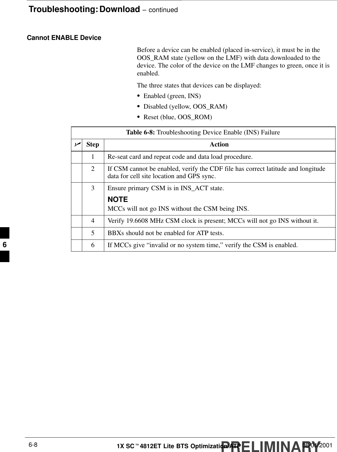 Troubleshooting: Download – continuedPRELIMINARY1X SCt4812ET Lite BTS Optimization/ATP 08/01/20016-8Cannot ENABLE DeviceBefore a device can be enabled (placed in-service), it must be in theOOS_RAM state (yellow on the LMF) with data downloaded to thedevice. The color of the device on the LMF changes to green, once it isenabled.The three states that devices can be displayed:SEnabled (green, INS)SDisabled (yellow, OOS_RAM)SReset (blue, OOS_ROM)Table 6-8: Troubleshooting Device Enable (INS) FailurenStep Action1Re-seat card and repeat code and data load procedure.2If CSM cannot be enabled, verify the CDF file has correct latitude and longitudedata for cell site location and GPS sync.3Ensure primary CSM is in INS_ACT state.NOTEMCCs will not go INS without the CSM being INS.4Verify 19.6608 MHz CSM clock is present; MCCs will not go INS without it.5BBXs should not be enabled for ATP tests.6If MCCs give “invalid or no system time,” verify the CSM is enabled. 6