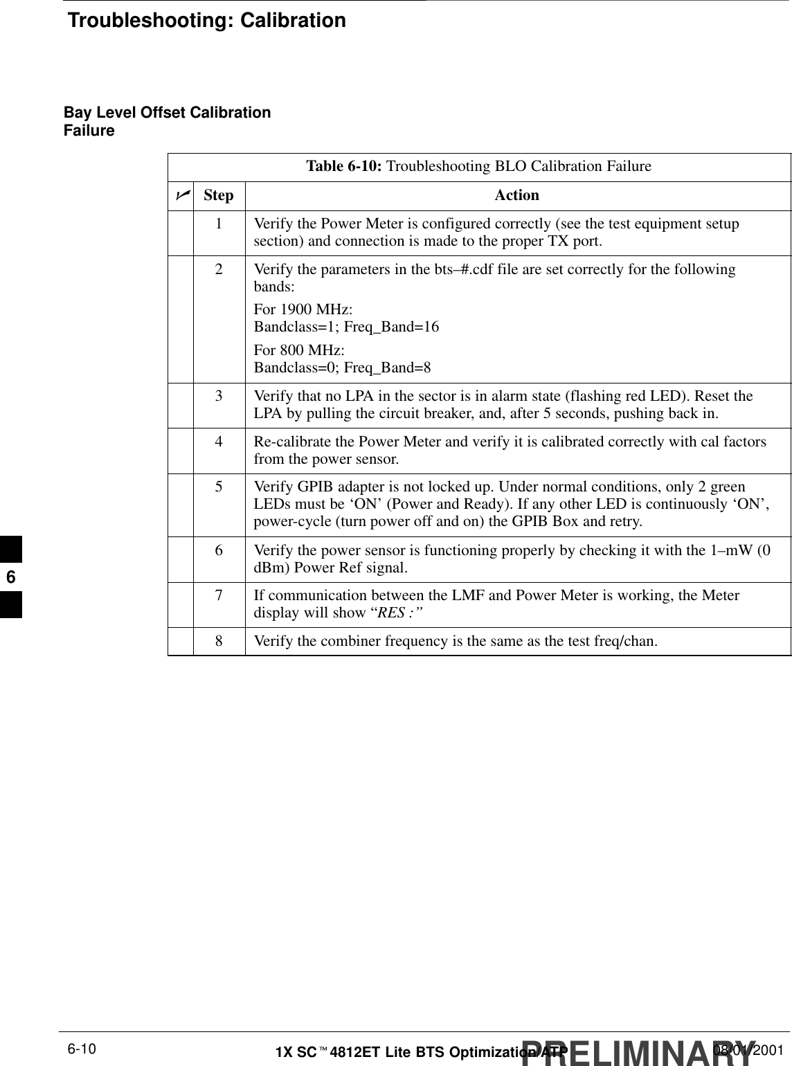 Troubleshooting: CalibrationPRELIMINARY1X SCt4812ET Lite BTS Optimization/ATP 08/01/20016-10Bay Level Offset CalibrationFailureTable 6-10: Troubleshooting BLO Calibration FailurenStep Action1Verify the Power Meter is configured correctly (see the test equipment setupsection) and connection is made to the proper TX port.2Verify the parameters in the bts–#.cdf file are set correctly for the followingbands:For 1900 MHz:Bandclass=1; Freq_Band=16For 800 MHz:Bandclass=0; Freq_Band=83Verify that no LPA in the sector is in alarm state (flashing red LED). Reset theLPA by pulling the circuit breaker, and, after 5 seconds, pushing back in.4Re-calibrate the Power Meter and verify it is calibrated correctly with cal factorsfrom the power sensor.5Verify GPIB adapter is not locked up. Under normal conditions, only 2 greenLEDs must be ‘ON’ (Power and Ready). If any other LED is continuously ‘ON’,power-cycle (turn power off and on) the GPIB Box and retry.6Verify the power sensor is functioning properly by checking it with the 1–mW (0dBm) Power Ref signal.7If communication between the LMF and Power Meter is working, the Meterdisplay will show “RES :’’8Verify the combiner frequency is the same as the test freq/chan. 6