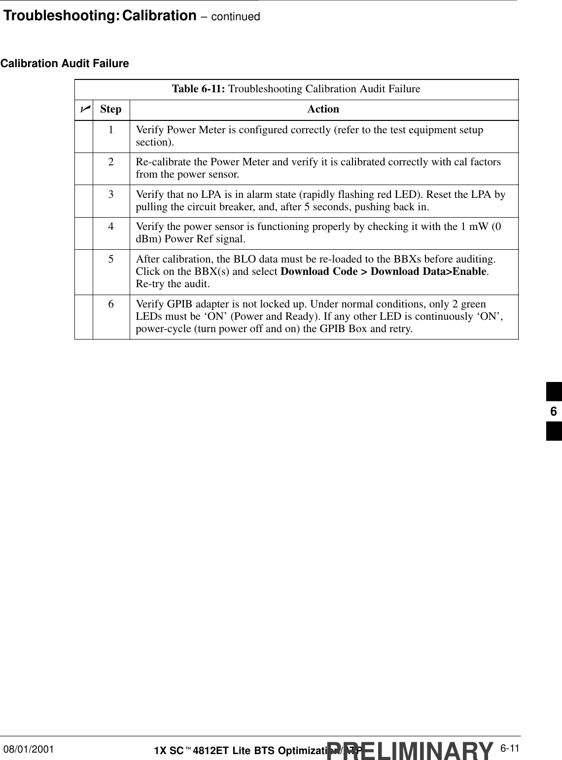 Troubleshooting: Calibration – continued08/01/2001 6-111X SCt4812ET Lite BTS Optimization/ATPPRELIMINARYCalibration Audit FailureTable 6-11: Troubleshooting Calibration Audit FailurenStep Action1Verify Power Meter is configured correctly (refer to the test equipment setupsection).2Re-calibrate the Power Meter and verify it is calibrated correctly with cal factorsfrom the power sensor.3Verify that no LPA is in alarm state (rapidly flashing red LED). Reset the LPA bypulling the circuit breaker, and, after 5 seconds, pushing back in.4Verify the power sensor is functioning properly by checking it with the 1 mW (0dBm) Power Ref signal.5After calibration, the BLO data must be re-loaded to the BBXs before auditing.Click on the BBX(s) and select Download Code &gt; Download Data&gt;Enable. Re-try the audit.6Verify GPIB adapter is not locked up. Under normal conditions, only 2 greenLEDs must be ‘ON’ (Power and Ready). If any other LED is continuously ‘ON’,power-cycle (turn power off and on) the GPIB Box and retry. 6