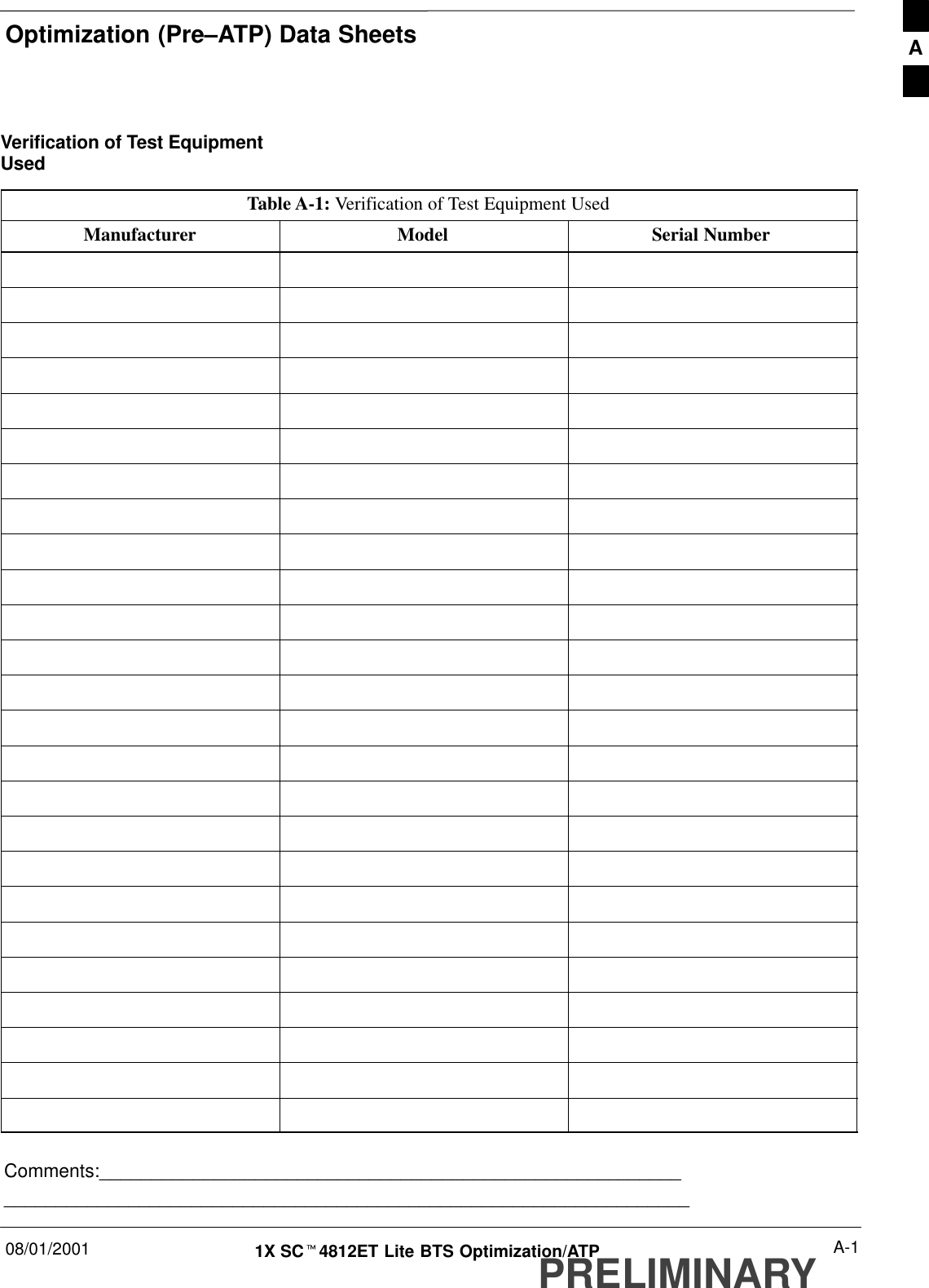 Optimization (Pre–ATP) Data Sheets08/01/2001 A-11X SCt4812ET Lite BTS Optimization/ATPPRELIMINARYVerification of Test EquipmentUsedTable A-1: Verification of Test Equipment UsedManufacturer Model Serial NumberComments:__________________________________________________________________________________________________________________________A