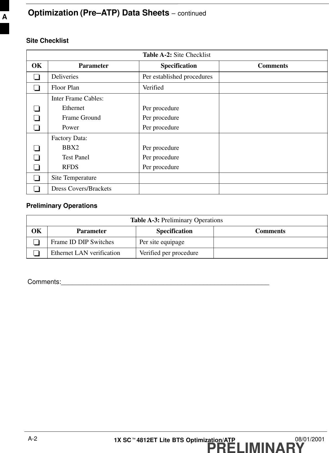 Optimization (Pre–ATP) Data Sheets – continuedPRELIMINARY1X SCt4812ET Lite BTS Optimization/ATP 08/01/2001A-2Site ChecklistTable A-2: Site ChecklistOK Parameter Specification Comments-Deliveries Per established procedures-Floor Plan Verified---Inter Frame Cables:EthernetFrame GroundPowerPer procedurePer procedurePer procedure---Factory Data:BBX2Test PanelRFDSPer procedurePer procedurePer procedure-Site Temperature-Dress Covers/BracketsPreliminary OperationsTable A-3: Preliminary OperationsOK Parameter Specification Comments-Frame ID DIP Switches Per site equipage-Ethernet LAN verification Verified per procedureComments:_________________________________________________________A