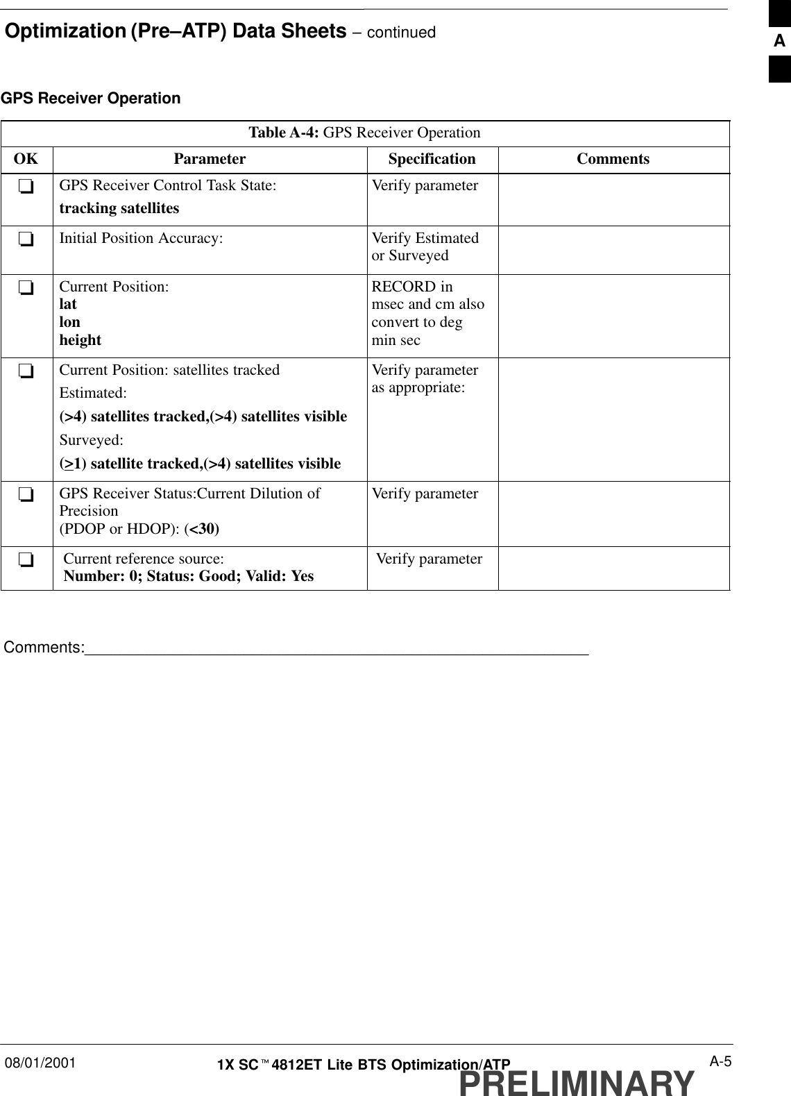 Optimization (Pre–ATP) Data Sheets – continued08/01/2001 A-51X SCt4812ET Lite BTS Optimization/ATPPRELIMINARYGPS Receiver OperationTable A-4: GPS Receiver OperationOK Parameter Specification Comments-GPS Receiver Control Task State:tracking satellitesVerify parameter-Initial Position Accuracy: Verify Estimatedor Surveyed-Current Position:latlonheightRECORD inmsec and cm alsoconvert to degmin sec-Current Position: satellites trackedEstimated:(&gt;4) satellites tracked,(&gt;4) satellites visibleSurveyed:(&gt;1) satellite tracked,(&gt;4) satellites visibleVerify parameteras appropriate:-GPS Receiver Status:Current Dilution ofPrecision (PDOP or HDOP): (&lt;30)Verify parameter-Current reference source:Number: 0; Status: Good; Valid: Yes Verify parameterComments:_________________________________________________________A