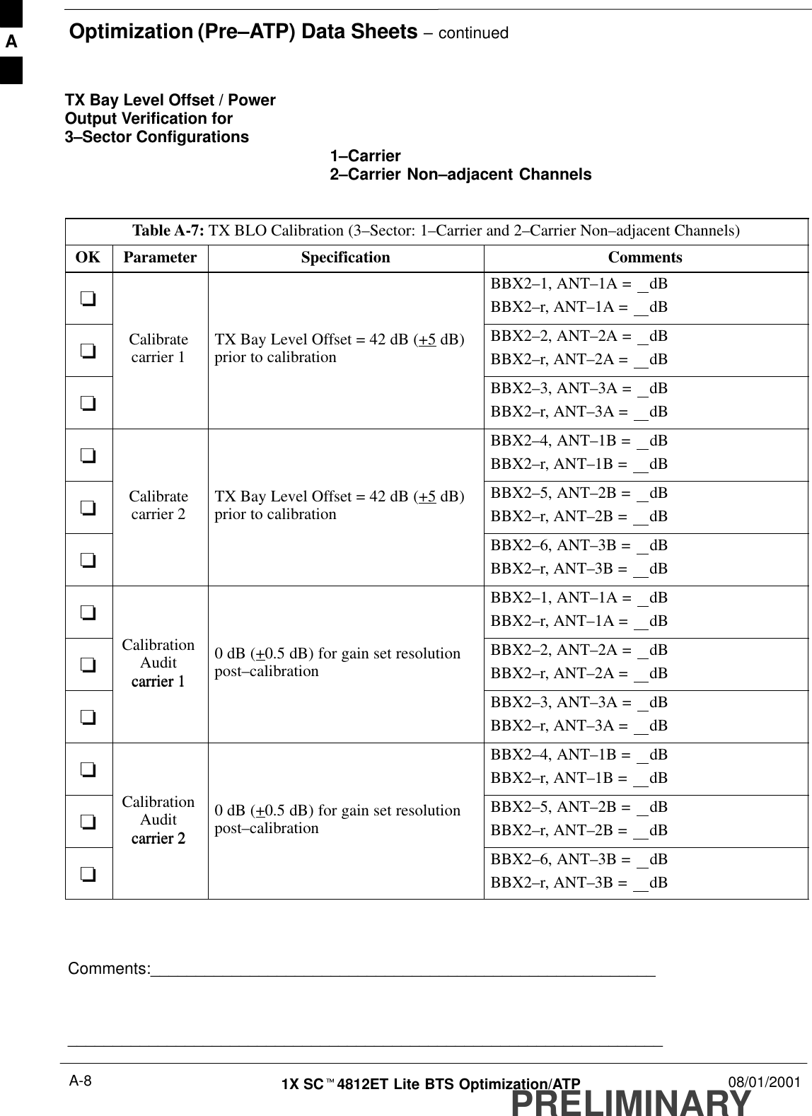 Optimization (Pre–ATP) Data Sheets – continuedPRELIMINARY1X SCt4812ET Lite BTS Optimization/ATP 08/01/2001A-8TX Bay Level Offset / PowerOutput Verification for3–Sector Configurations  1–Carrier2–Carrier Non–adjacent ChannelsTable A-7: TX BLO Calibration (3–Sector: 1–Carrier and 2–Carrier Non–adjacent Channels)OK Parameter Specification Comments-BBX2–1, ANT–1A =  dBBBX2–r, ANT–1A =  dB-Calibratecarrier 1 TX Bay Level Offset = 42 dB (+5 dB)prior to calibrationBBX2–2, ANT–2A =  dBBBX2–r, ANT–2A =  dB-BBX2–3, ANT–3A =  dBBBX2–r, ANT–3A =  dB-BBX2–4, ANT–1B =  dBBBX2–r, ANT–1B =  dB-Calibratecarrier 2 TX Bay Level Offset = 42 dB (+5 dB)prior to calibrationBBX2–5, ANT–2B =  dBBBX2–r, ANT–2B =  dB-BBX2–6, ANT–3B =  dBBBX2–r, ANT–3B =  dB-BBX2–1, ANT–1A =  dBBBX2–r, ANT–1A =  dB-CalibrationAuditcarrier 10 dB (+0.5 dB) for gain set resolutionpost–calibrationBBX2–2, ANT–2A =  dBBBX2–r, ANT–2A =  dB-carrier 1BBX2–3, ANT–3A =  dBBBX2–r, ANT–3A =  dB-BBX2–4, ANT–1B =  dBBBX2–r, ANT–1B =  dB-CalibrationAuditcarrier 20 dB (+0.5 dB) for gain set resolutionpost–calibrationBBX2–5, ANT–2B =  dBBBX2–r, ANT–2B =  dB-carrier 2BBX2–6, ANT–3B =  dBBBX2–r, ANT–3B =  dB Comments:__________________________________________________________________________________________________________________________A