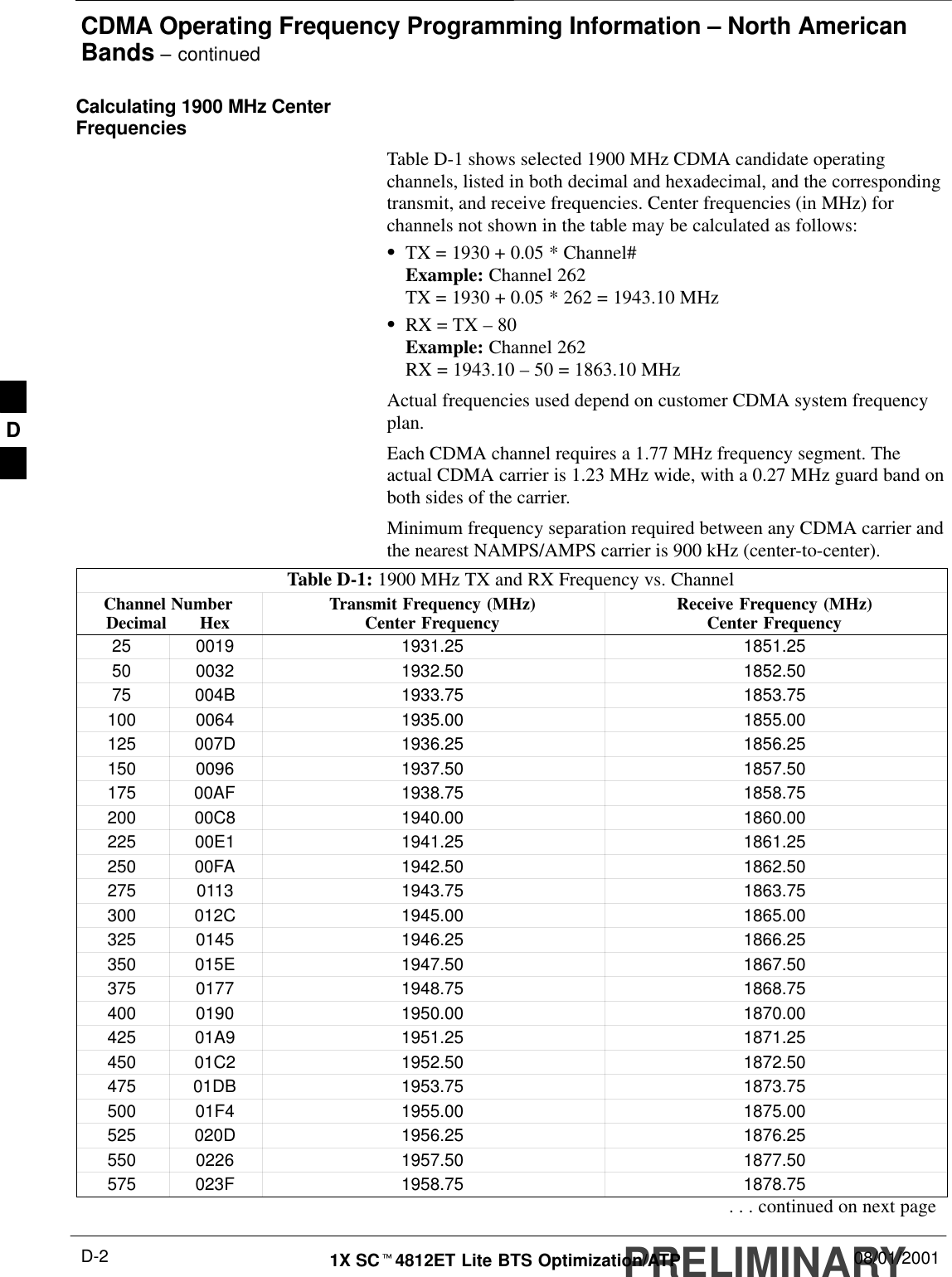 CDMA Operating Frequency Programming Information – North AmericanBands – continuedPRELIMINARY1X SCt4812ET Lite BTS Optimization/ATP 08/01/2001D-2Calculating 1900 MHz CenterFrequenciesTable D-1 shows selected 1900 MHz CDMA candidate operatingchannels, listed in both decimal and hexadecimal, and the correspondingtransmit, and receive frequencies. Center frequencies (in MHz) forchannels not shown in the table may be calculated as follows:STX = 1930 + 0.05 * Channel#Example: Channel 262TX = 1930 + 0.05 * 262 = 1943.10 MHzSRX = TX – 80Example: Channel 262RX = 1943.10 – 50 = 1863.10 MHzActual frequencies used depend on customer CDMA system frequencyplan.Each CDMA channel requires a 1.77 MHz frequency segment. Theactual CDMA carrier is 1.23 MHz wide, with a 0.27 MHz guard band onboth sides of the carrier.Minimum frequency separation required between any CDMA carrier andthe nearest NAMPS/AMPS carrier is 900 kHz (center-to-center).Table D-1: 1900 MHz TX and RX Frequency vs. ChannelChannel NumberDecimal       Hex Transmit Frequency (MHz)Center Frequency Receive Frequency (MHz)Center Frequency25 0019 1931.25 1851.2550 0032 1932.50 1852.5075 004B 1933.75 1853.75100 0064 1935.00 1855.00125 007D 1936.25 1856.25150 0096 1937.50 1857.50175 00AF 1938.75 1858.75200 00C8 1940.00 1860.00225 00E1 1941.25 1861.25250 00FA 1942.50 1862.50275 0113 1943.75 1863.75300 012C 1945.00 1865.00325 0145 1946.25 1866.25350 015E 1947.50 1867.50375 0177 1948.75 1868.75400 0190 1950.00 1870.00425 01A9 1951.25 1871.25450 01C2 1952.50 1872.50475 01DB 1953.75 1873.75500 01F4 1955.00 1875.00525 020D 1956.25 1876.25550 0226 1957.50 1877.50575 023F 1958.75 1878.75. . . continued on next pageD