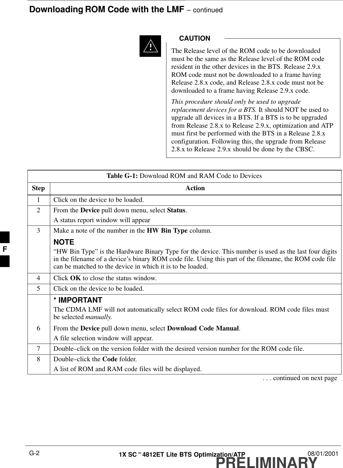 Downloading ROM Code with the LMF – continuedPRELIMINARY1X SCt4812ET Lite BTS Optimization/ATP 08/01/2001G-2The Release level of the ROM code to be downloadedmust be the same as the Release level of the ROM coderesident in the other devices in the BTS. Release 2.9.xROM code must not be downloaded to a frame havingRelease 2.8.x code, and Release 2.8.x code must not bedownloaded to a frame having Release 2.9.x code.This procedure should only be used to upgradereplacement devices for a BTS. It should NOT be used toupgrade all devices in a BTS. If a BTS is to be upgradedfrom Release 2.8.x to Release 2.9.x, optimization and ATPmust first be performed with the BTS in a Release 2.8.xconfiguration. Following this, the upgrade from Release2.8.x to Release 2.9.x should be done by the CBSC.CAUTIONTable G-1: Download ROM and RAM Code to DevicesStep Action1Click on the device to be loaded.2From the Device pull down menu, select Status.A status report window will appear3Make a note of the number in the HW Bin Type column.NOTE“HW Bin Type” is the Hardware Binary Type for the device. This number is used as the last four digitsin the filename of a device’s binary ROM code file. Using this part of the filename, the ROM code filecan be matched to the device in which it is to be loaded.4 Click OK to close the status window.5Click on the device to be loaded.* IMPORTANTThe CDMA LMF will not automatically select ROM code files for download. ROM code files mustbe selected manually.6From the Device pull down menu, select Download Code Manual.A file selection window will appear.7 Double–click on the version folder with the desired version number for the ROM code file.8 Double–click the Code folder.A list of ROM and RAM code files will be displayed.. . . continued on next pageF