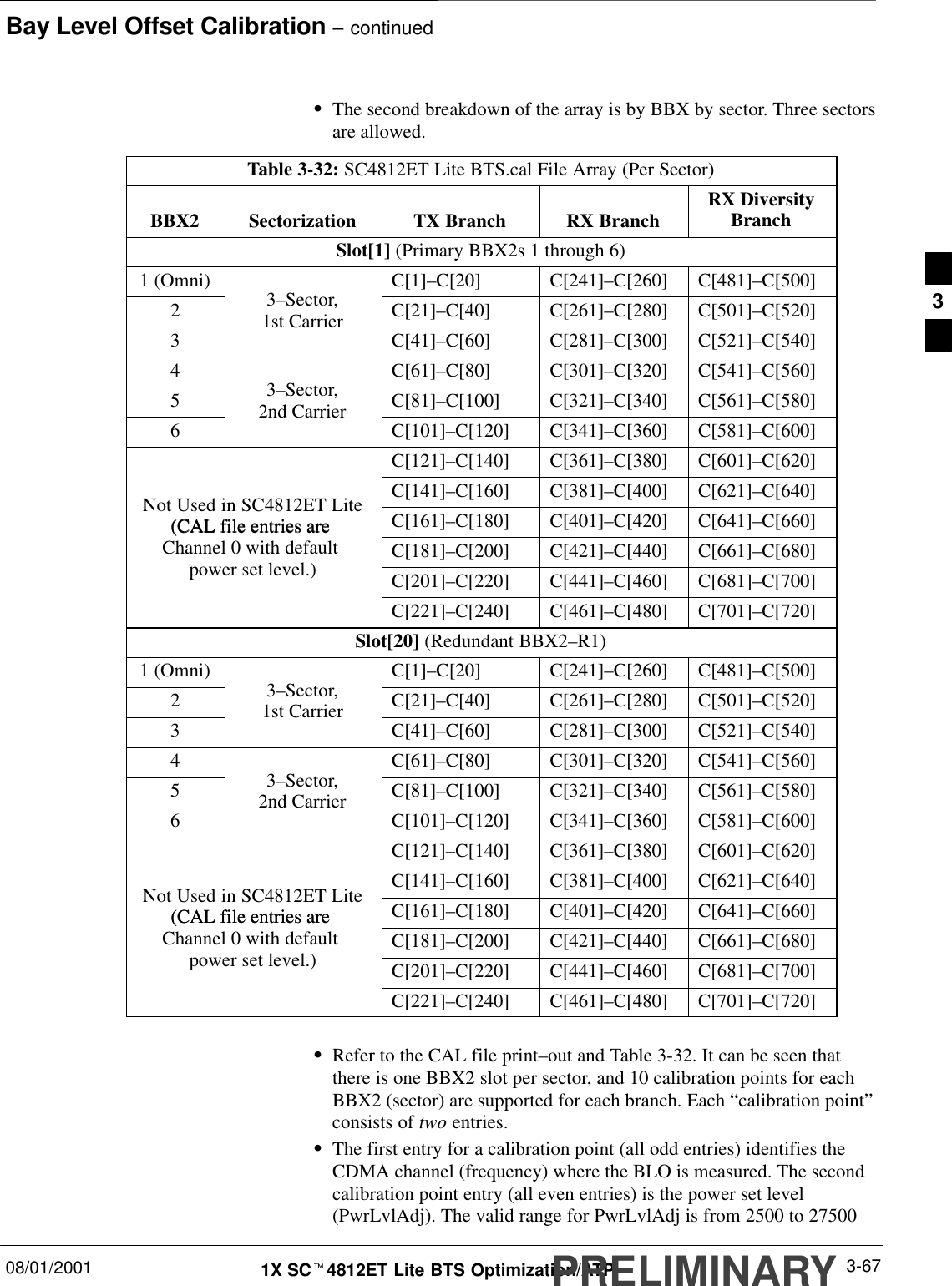 Bay Level Offset Calibration – continued08/01/2001 3-671X SCt4812ET Lite BTS Optimization/ATPPRELIMINARYSThe second breakdown of the array is by BBX by sector. Three sectorsare allowed.Table 3-32: SC4812ET Lite BTS.cal File Array (Per Sector)BBX2 Sectorization TX Branch RX Branch RX DiversityBranchSlot[1] (Primary BBX2s 1 through 6)1 (Omni) C[1]–C[20] C[241]–C[260] C[481]–C[500]23–Sector, C[21]–C[40] C[261]–C[280] C[501]–C[520]31st Carrier C[41]–C[60] C[281]–C[300] C[521]–C[540]4 C[61]–C[80] C[301]–C[320] C[541]–C[560]53–Sector, C[81]–C[100] C[321]–C[340] C[561]–C[580]62nd Carrier C[101]–C[120] C[341]–C[360] C[581]–C[600]C[121]–C[140] C[361]–C[380] C[601]–C[620]C[141]–C[160] C[381]–C[400] C[621]–C[640]Not Used in SC4812ET Lite(CAL file entries are  C[161]–C[180] C[401]–C[420] C[641]–C[660](CAL file entries are Channel 0 with default  C[181]–C[200] C[421]–C[440] C[661]–C[680]power set level.) C[201]–C[220] C[441]–C[460] C[681]–C[700]C[221]–C[240] C[461]–C[480] C[701]–C[720]Slot[20] (Redundant BBX2–R1)1 (Omni) C[1]–C[20] C[241]–C[260] C[481]–C[500]23–Sector, C[21]–C[40] C[261]–C[280] C[501]–C[520]31st Carrier C[41]–C[60] C[281]–C[300] C[521]–C[540]4 C[61]–C[80] C[301]–C[320] C[541]–C[560]53–Sector, C[81]–C[100] C[321]–C[340] C[561]–C[580]62nd Carrier C[101]–C[120] C[341]–C[360] C[581]–C[600]C[121]–C[140] C[361]–C[380] C[601]–C[620]C[141]–C[160] C[381]–C[400] C[621]–C[640]Not Used in SC4812ET Lite(CAL file entries are  C[161]–C[180] C[401]–C[420] C[641]–C[660](CAL file entries are Channel 0 with default  C[181]–C[200] C[421]–C[440] C[661]–C[680]power set level.) C[201]–C[220] C[441]–C[460] C[681]–C[700]C[221]–C[240] C[461]–C[480] C[701]–C[720]SRefer to the CAL file print–out and Table 3-32. It can be seen thatthere is one BBX2 slot per sector, and 10 calibration points for eachBBX2 (sector) are supported for each branch. Each “calibration point”consists of two entries.SThe first entry for a calibration point (all odd entries) identifies theCDMA channel (frequency) where the BLO is measured. The secondcalibration point entry (all even entries) is the power set level(PwrLvlAdj). The valid range for PwrLvlAdj is from 2500 to 275003