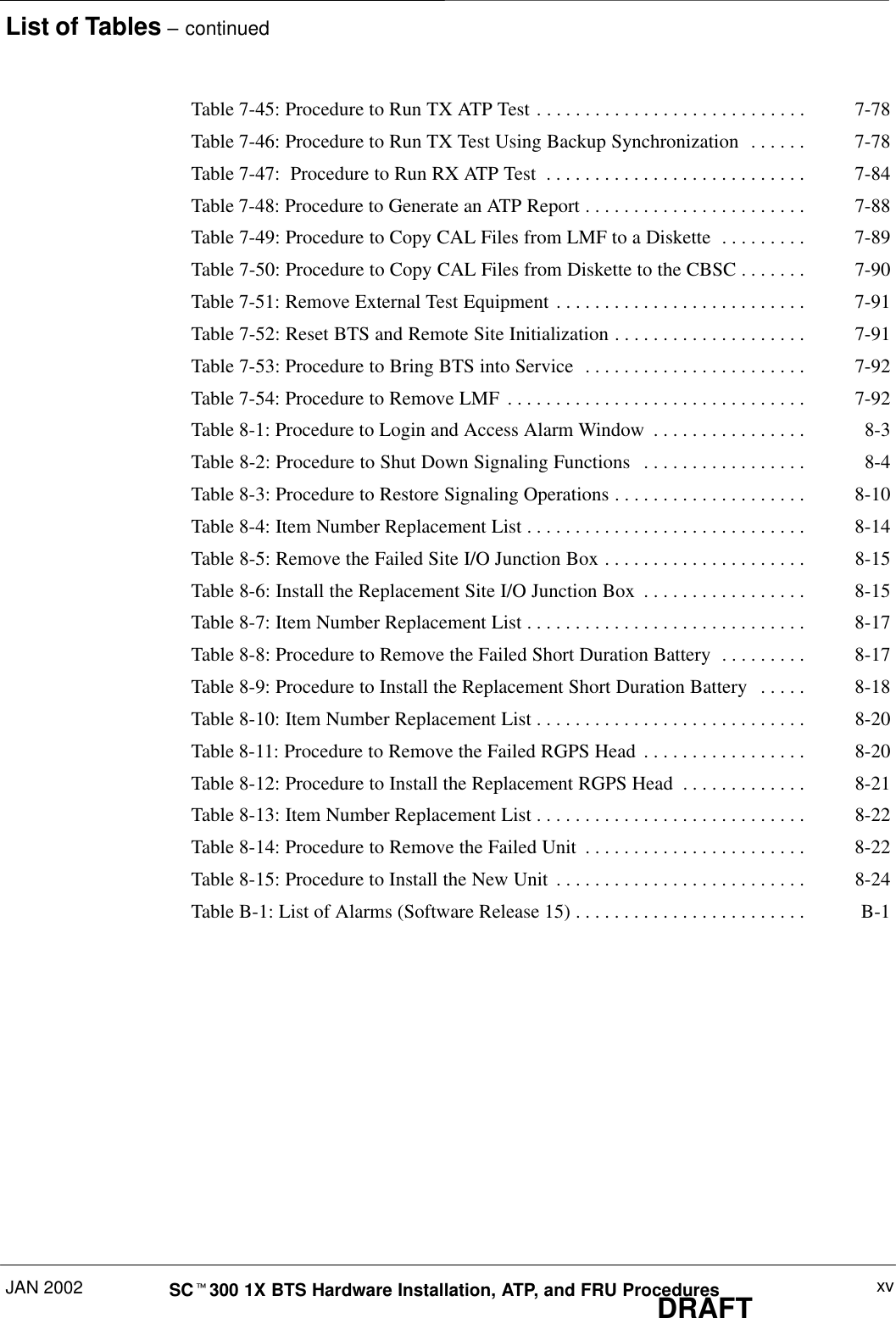 List of Tables – continuedJAN 2002 xvSCt300 1X BTS Hardware Installation, ATP, and FRU ProceduresDRAFTTable 7-45: Procedure to Run TX ATP Test 7-78. . . . . . . . . . . . . . . . . . . . . . . . . . . . Table 7-46: Procedure to Run TX Test Using Backup Synchronization 7-78. . . . . . Table 7-47:  Procedure to Run RX ATP Test 7-84. . . . . . . . . . . . . . . . . . . . . . . . . . . Table 7-48: Procedure to Generate an ATP Report 7-88. . . . . . . . . . . . . . . . . . . . . . . Table 7-49: Procedure to Copy CAL Files from LMF to a Diskette 7-89. . . . . . . . . Table 7-50: Procedure to Copy CAL Files from Diskette to the CBSC 7-90. . . . . . . Table 7-51: Remove External Test Equipment 7-91. . . . . . . . . . . . . . . . . . . . . . . . . . Table 7-52: Reset BTS and Remote Site Initialization 7-91. . . . . . . . . . . . . . . . . . . . Table 7-53: Procedure to Bring BTS into Service 7-92. . . . . . . . . . . . . . . . . . . . . . . Table 7-54: Procedure to Remove LMF 7-92. . . . . . . . . . . . . . . . . . . . . . . . . . . . . . . Table 8-1: Procedure to Login and Access Alarm Window 8-3. . . . . . . . . . . . . . . . Table 8-2: Procedure to Shut Down Signaling Functions 8-4. . . . . . . . . . . . . . . . . Table 8-3: Procedure to Restore Signaling Operations 8-10. . . . . . . . . . . . . . . . . . . . Table 8-4: Item Number Replacement List 8-14. . . . . . . . . . . . . . . . . . . . . . . . . . . . . Table 8-5: Remove the Failed Site I/O Junction Box 8-15. . . . . . . . . . . . . . . . . . . . . Table 8-6: Install the Replacement Site I/O Junction Box 8-15. . . . . . . . . . . . . . . . . Table 8-7: Item Number Replacement List 8-17. . . . . . . . . . . . . . . . . . . . . . . . . . . . . Table 8-8: Procedure to Remove the Failed Short Duration Battery 8-17. . . . . . . . . Table 8-9: Procedure to Install the Replacement Short Duration Battery 8-18. . . . . Table 8-10: Item Number Replacement List 8-20. . . . . . . . . . . . . . . . . . . . . . . . . . . . Table 8-11: Procedure to Remove the Failed RGPS Head 8-20. . . . . . . . . . . . . . . . . Table 8-12: Procedure to Install the Replacement RGPS Head 8-21. . . . . . . . . . . . . Table 8-13: Item Number Replacement List 8-22. . . . . . . . . . . . . . . . . . . . . . . . . . . . Table 8-14: Procedure to Remove the Failed Unit 8-22. . . . . . . . . . . . . . . . . . . . . . . Table 8-15: Procedure to Install the New Unit 8-24. . . . . . . . . . . . . . . . . . . . . . . . . . Table B-1: List of Alarms (Software Release 15) B-1. . . . . . . . . . . . . . . . . . . . . . . . 