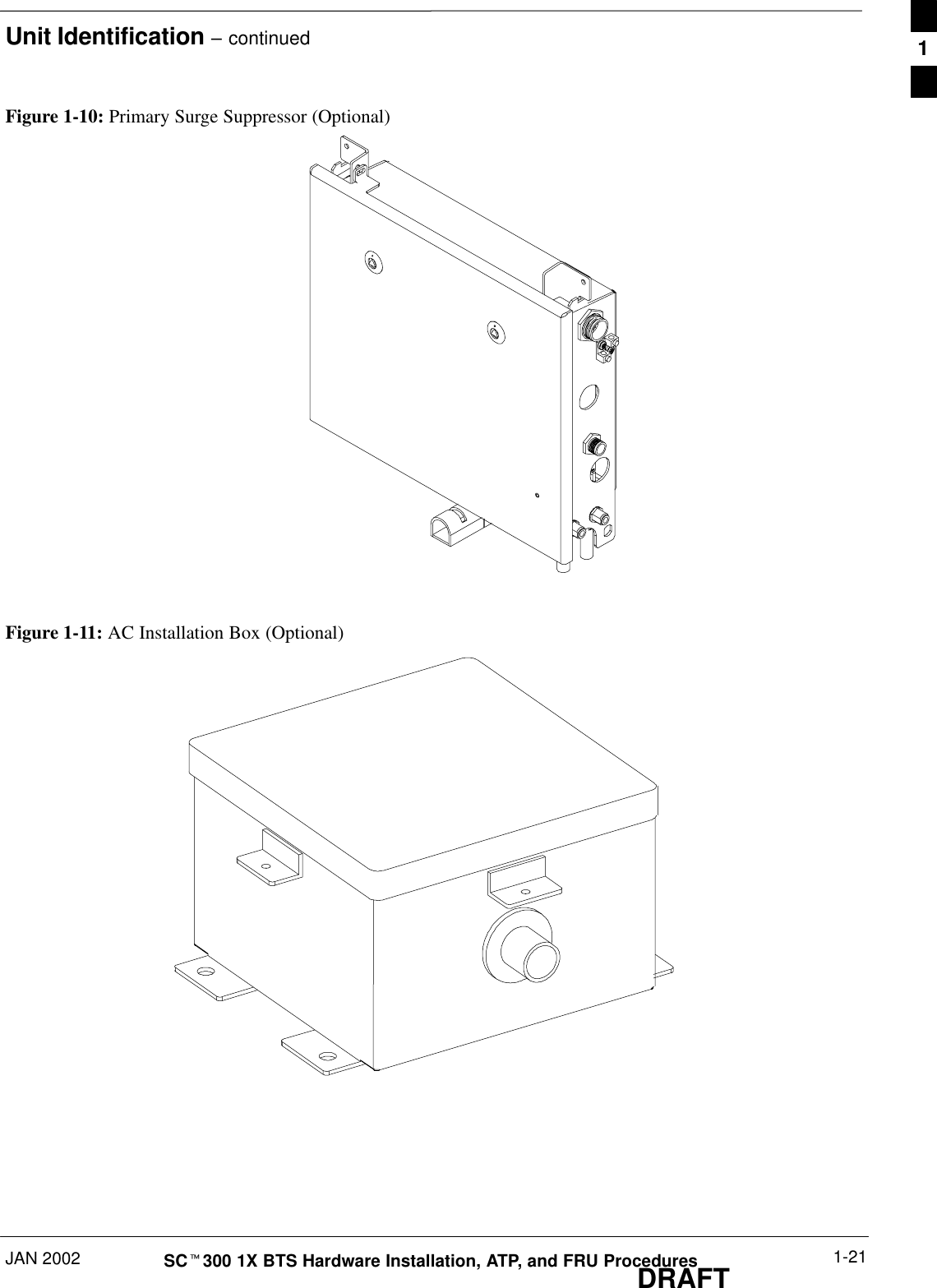 Unit Identification – continuedJAN 2002 1-21SCt300 1X BTS Hardware Installation, ATP, and FRU ProceduresDRAFTFigure 1-10: Primary Surge Suppressor (Optional)Figure 1-11: AC Installation Box (Optional)1