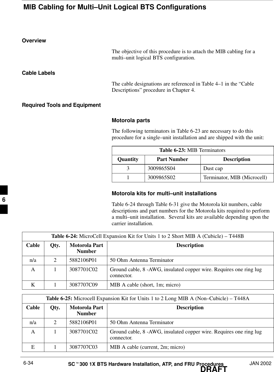 MIB Cabling for Multi–Unit Logical BTS ConfigurationsDRAFTSCt300 1X BTS Hardware Installation, ATP, and FRU Procedures JAN 20026-34OverviewThe objective of this procedure is to attach the MIB cabling for amulti–unit logical BTS configuration.Cable LabelsThe cable designations are referenced in Table 4–1 in the “CableDescriptions” procedure in Chapter 4.Required Tools and EquipmentMotorola partsThe following terminators in Table 6-23 are necessary to do thisprocedure for a single–unit installation and are shipped with the unit:Table 6-23: MIB TerminatorsQuantity Part Number Description3 3009865S04 Dust cap1 3009865S02 Terminator, MIB (Microcell)Motorola kits for multi–unit installationsTable 6-24 through Table 6-31 give the Motorola kit numbers, cabledescriptions and part numbers for the Motorola kits required to performa multi–unit installation.  Several kits are available depending upon thecarrier installation.Table 6-24: MicroCell Expansion Kit for Units 1 to 2 Short MIB A (Cubicle) – T448BCable Qty. Motorola PartNumber Descriptionn/a 2 5882106P01 50 Ohm Antenna TerminatorA 1 3087701C02 Ground cable, 8 -AWG, insulated copper wire. Requires one ring lugconnector.K 1 3087707C09 MIB A cable (short, 1m; micro)Table 6-25: Microcell Expansion Kit for Units 1 to 2 Long MIB A (Non–Cubicle) – T448ACable Qty. Motorola PartNumber Descriptionn/a 2 5882106P01 50 Ohm Antenna TerminatorA 1 3087701C02 Ground cable, 8 -AWG, insulated copper wire. Requires one ring lugconnector.E 1 3087707C03 MIB A cable (current, 2m; micro)6