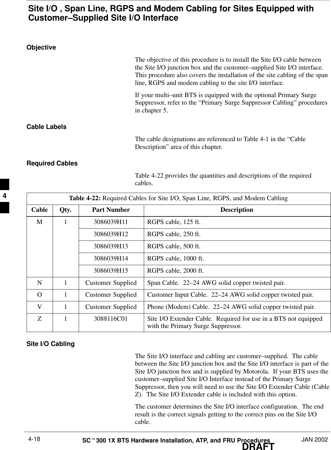 Site I/O , Span Line, RGPS and Modem Cabling for Sites Equipped withCustomer–Supplied Site I/O InterfaceDRAFTSCt300 1X BTS Hardware Installation, ATP, and FRU Procedures JAN 20024-18ObjectiveThe objective of this procedure is to install the Site I/O cable betweenthe Site I/O junction box and the customer–supplied Site I/O interface.This procedure also covers the installation of the site cabling of the spanline, RGPS and modem cabling to the site I/O interface.If your multi–unit BTS is equipped with the optional Primary SurgeSuppressor, refer to the “Primary Surge Suppressor Cabling” proceduresin chapter 5.Cable LabelsThe cable designations are referenced to Table 4-1 in the “CableDescription” area of this chapter.Required CablesTable 4-22 provides the quantities and descriptions of the requiredcables.Table 4-22: Required Cables for Site I/O, Span Line, RGPS, and Modem CablingCable Qty. Part Number DescriptionM 1 3086039H11 RGPS cable, 125 ft.3086039H12 RGPS cable, 250 ft.3086039H13 RGPS cable, 500 ft.3086039H14 RGPS cable, 1000 ft.3086039H15 RGPS cable, 2000 ft.N 1 Customer Supplied Span Cable.  22–24 AWG solid copper twisted pair.O 1 Customer Supplied Customer Input Cable.  22–24 AWG solid copper twisted pair.V 1 Customer Supplied Phone (Modem) Cable.  22–24 AWG solid copper twisted pair.Z 1 3088116C01 Site I/O Extender Cable.  Required for use in a BTS not equippedwith the Primary Surge Suppressor.Site I/O CablingThe Site I/O interface and cabling are customer–supplied.  The cablebetween the Site I/O junction box and the Site I/O interface is part of theSite I/O junction box and is supplied by Motorola.  If your BTS uses thecustomer–supplied Site I/O Interface instead of the Primary SurgeSuppressor, then you will need to use the Site I/O Extender Cable (CableZ).  The Site I/O Extender cable is included with this option.The customer determines the Site I/O interface configuration.  The endresult is the correct signals getting to the correct pins on the Site I/Ocable.4
