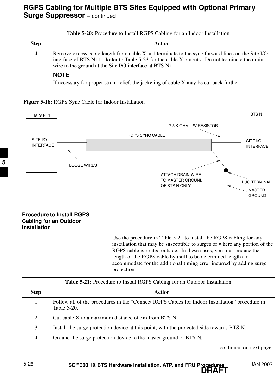 RGPS Cabling for Multiple BTS Sites Equipped with Optional PrimarySurge Suppressor – continuedDRAFTSCt300 1X BTS Hardware Installation, ATP, and FRU Procedures JAN 20025-26Table 5-20: Procedure to Install RGPS Cabling for an Indoor InstallationStep Action4Remove excess cable length from cable X and terminate to the sync forward lines on the Site I/Ointerface of BTS N+1.  Refer to Table 5-23 for the cable X pinouts.  Do not terminate the drainwire to the ground at the Site I/O interface at BTS N+1.wire to the ground at the Site I/O interface at BTS N+1.NOTEIf necessary for proper strain relief, the jacketing of cable X may be cut back further.Figure 5-18: RGPS Sync Cable for Indoor InstallationSITE I/OINTERFACE SITE I/OINTERFACEBTS NBTS N+17.5 K OHM, 1W RESISTORATTACH DRAIN WIRETO MASTER GROUNDOF BTS N ONLYRGPS SYNC CABLELOOSE WIRESLUG TERMINALMASTERGROUNDProcedure to Install RGPSCabling for an OutdoorInstallationUse the procedure in Table 5-21 to install the RGPS cabling for anyinstallation that may be susceptible to surges or where any portion of theRGPS cable is routed outside.  In these cases, you must reduce thelength of the RGPS cable by (still to be determined length) toaccommodate for the additional timing error incurred by adding surgeprotection.Table 5-21: Procedure to Install RGPS Cabling for an Outdoor InstallationStep Action1Follow all of the procedures in the “Connect RGPS Cables for Indoor Installation” procedure inTable 5-20.2Cut cable X to a maximum distance of 5m from BTS N.3Install the surge protection device at this point, with the protected side towards BTS N.4Ground the surge protection device to the master ground of BTS N. . . . continued on next page5