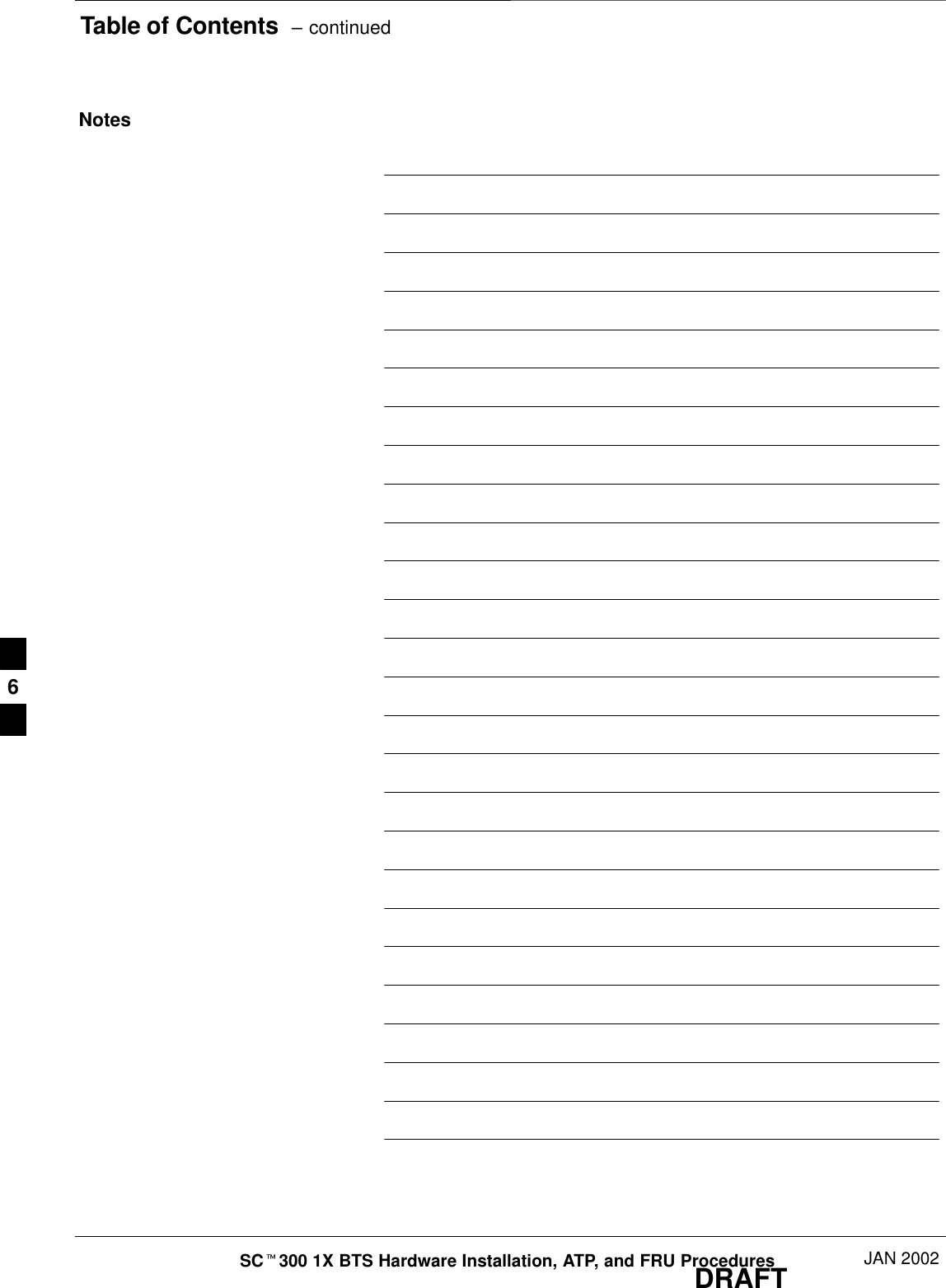 Table of Contents  – continuedDRAFTSCt300 1X BTS Hardware Installation, ATP, and FRU Procedures JAN 2002Notes6